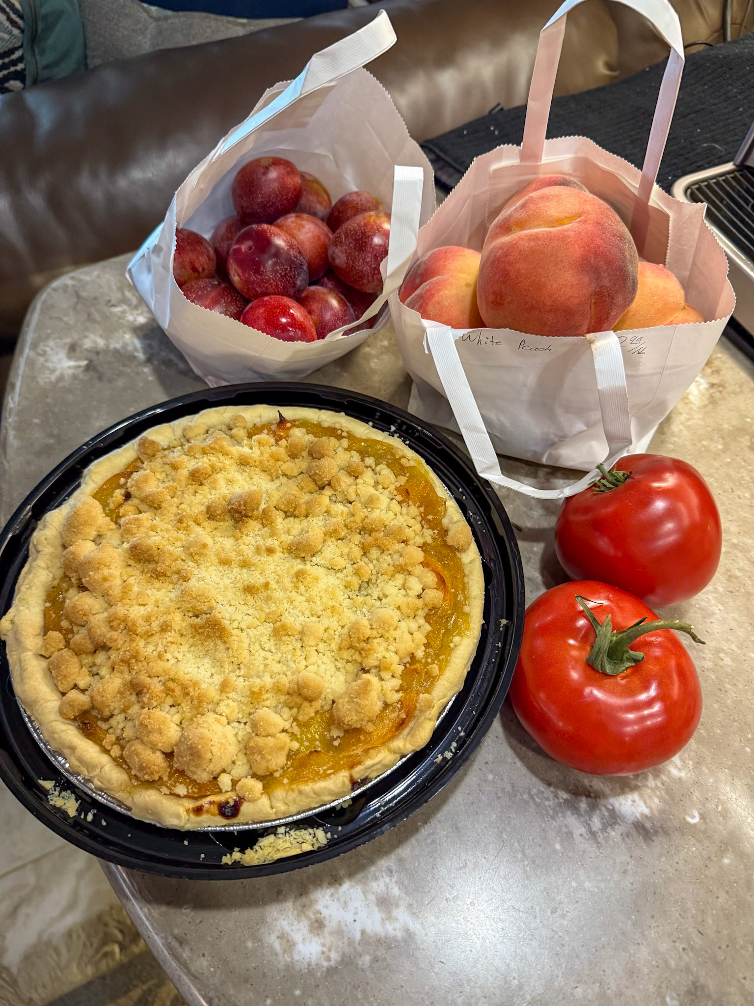 Peach pie and fruit from the local farmstand
