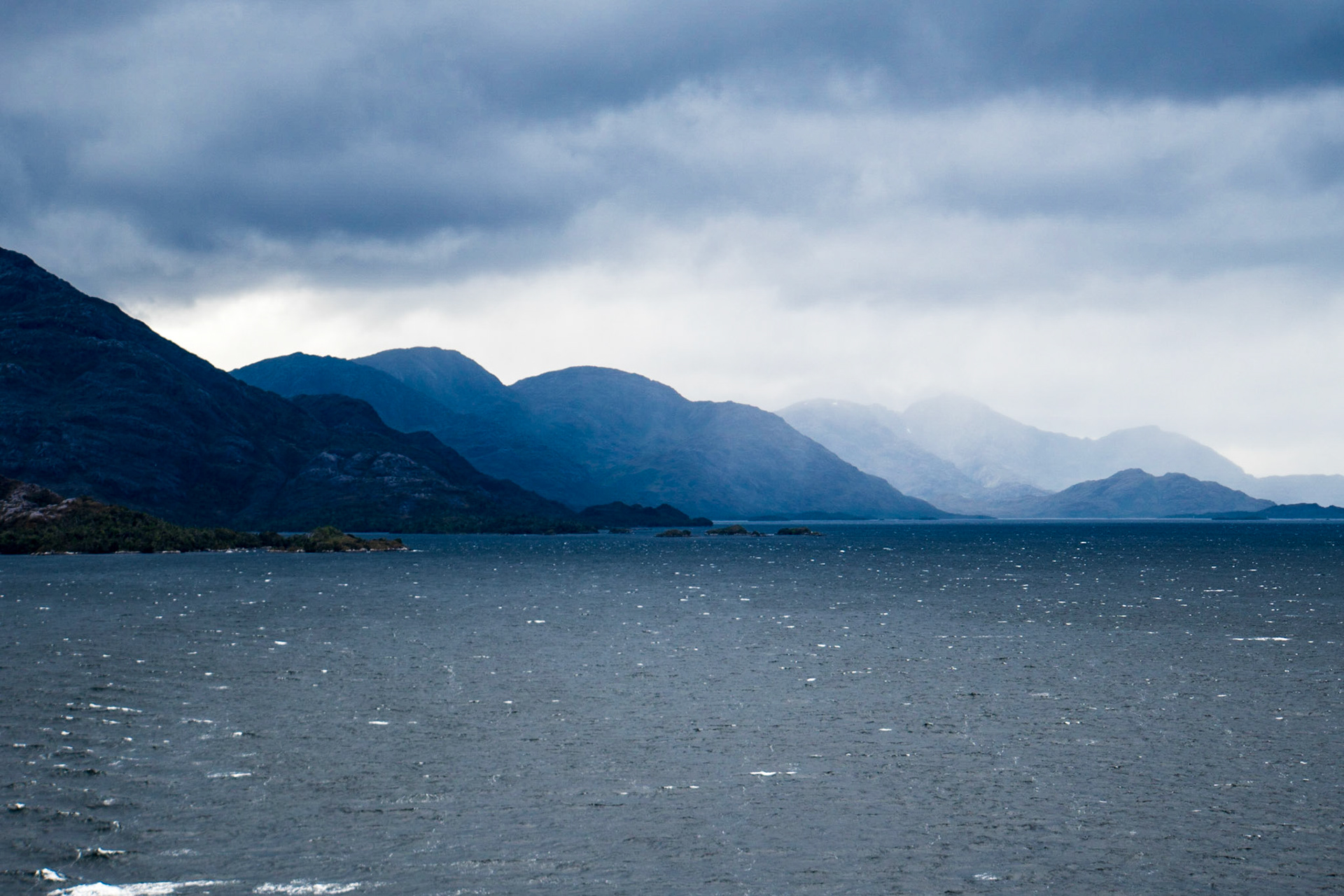 Turning cold and windy in the Sarmiento Canal in the Fjords