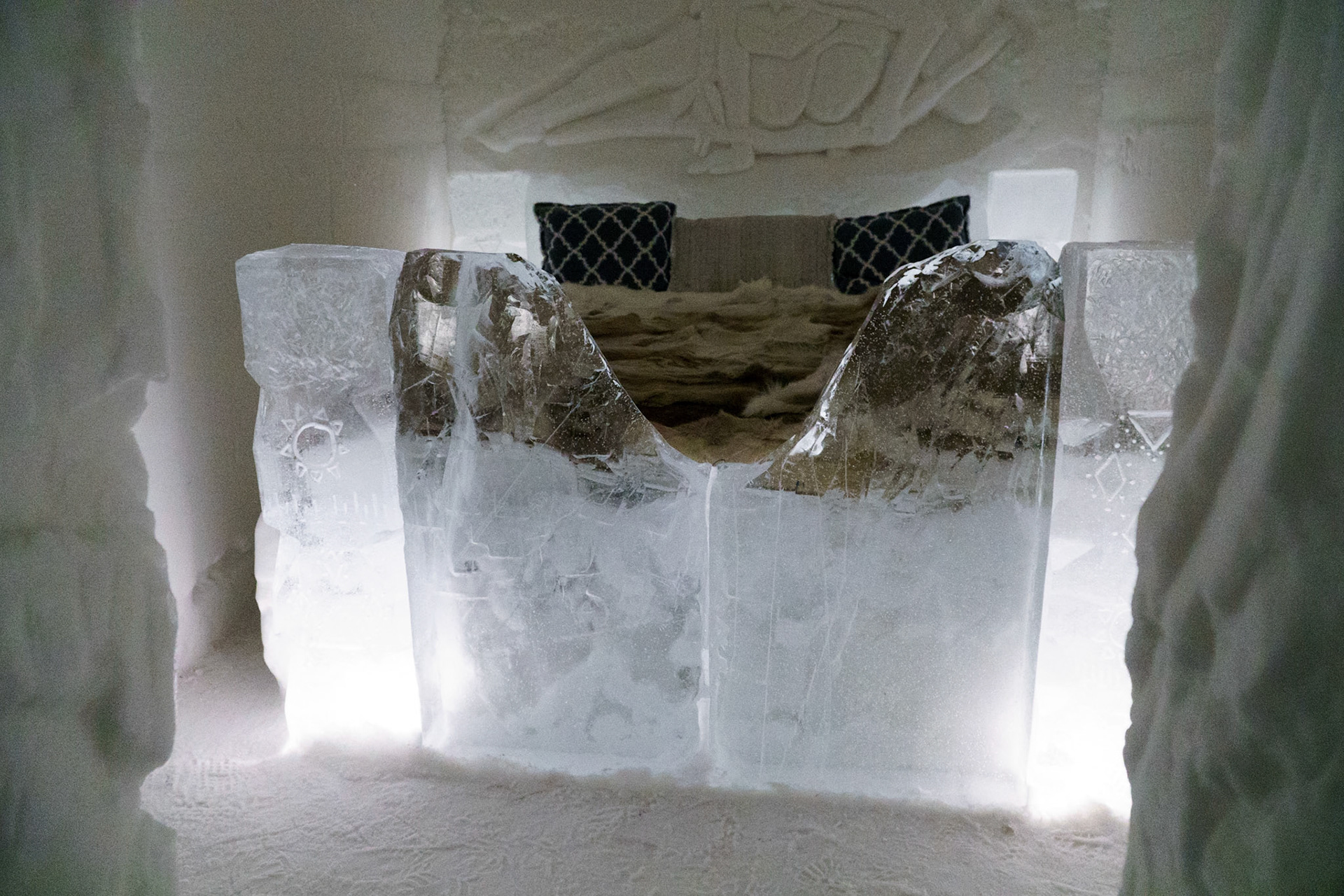 An icy bedroom at the Ice Hotel