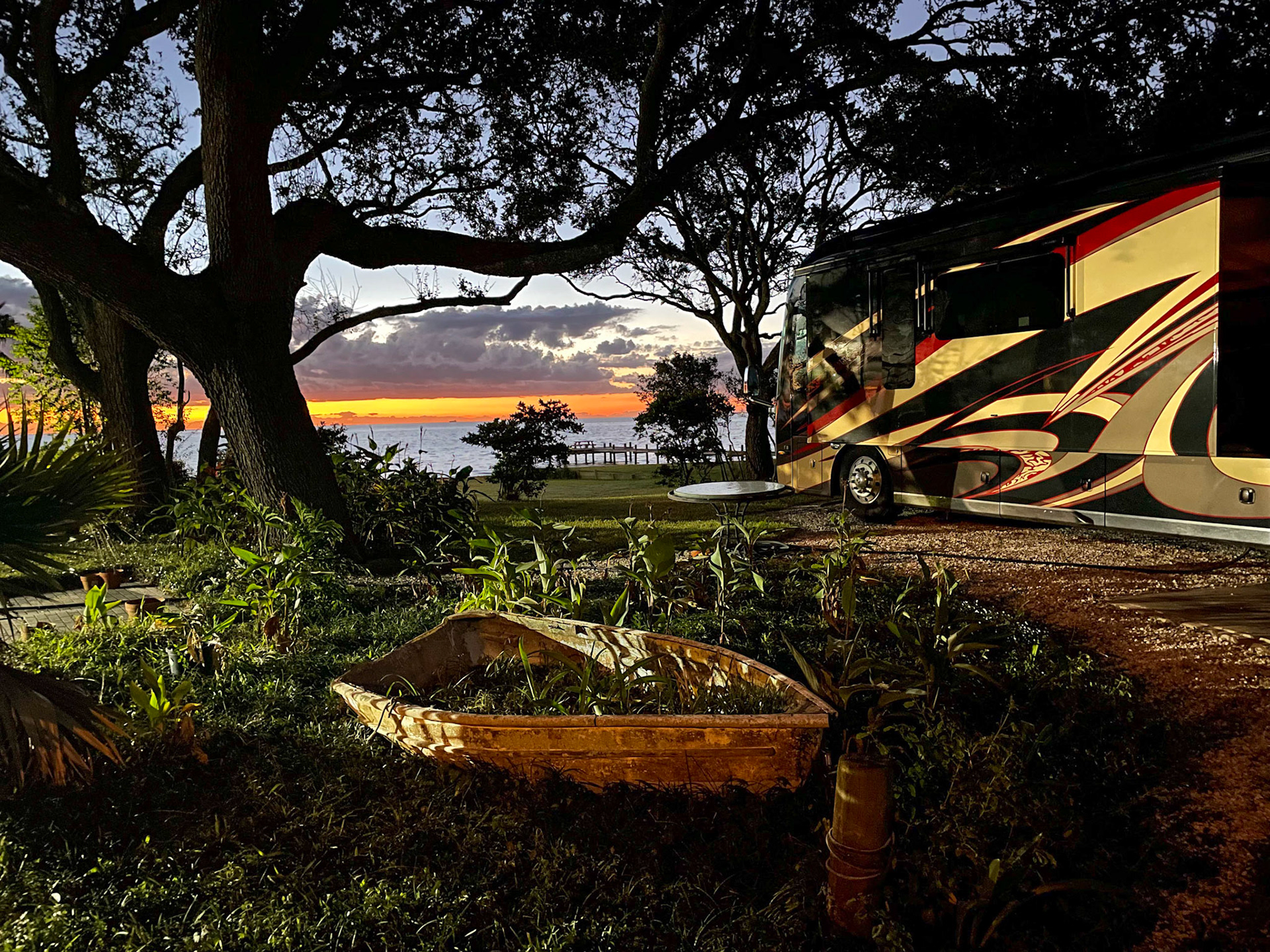 Sunrise in Seabrook, front floodlights still on