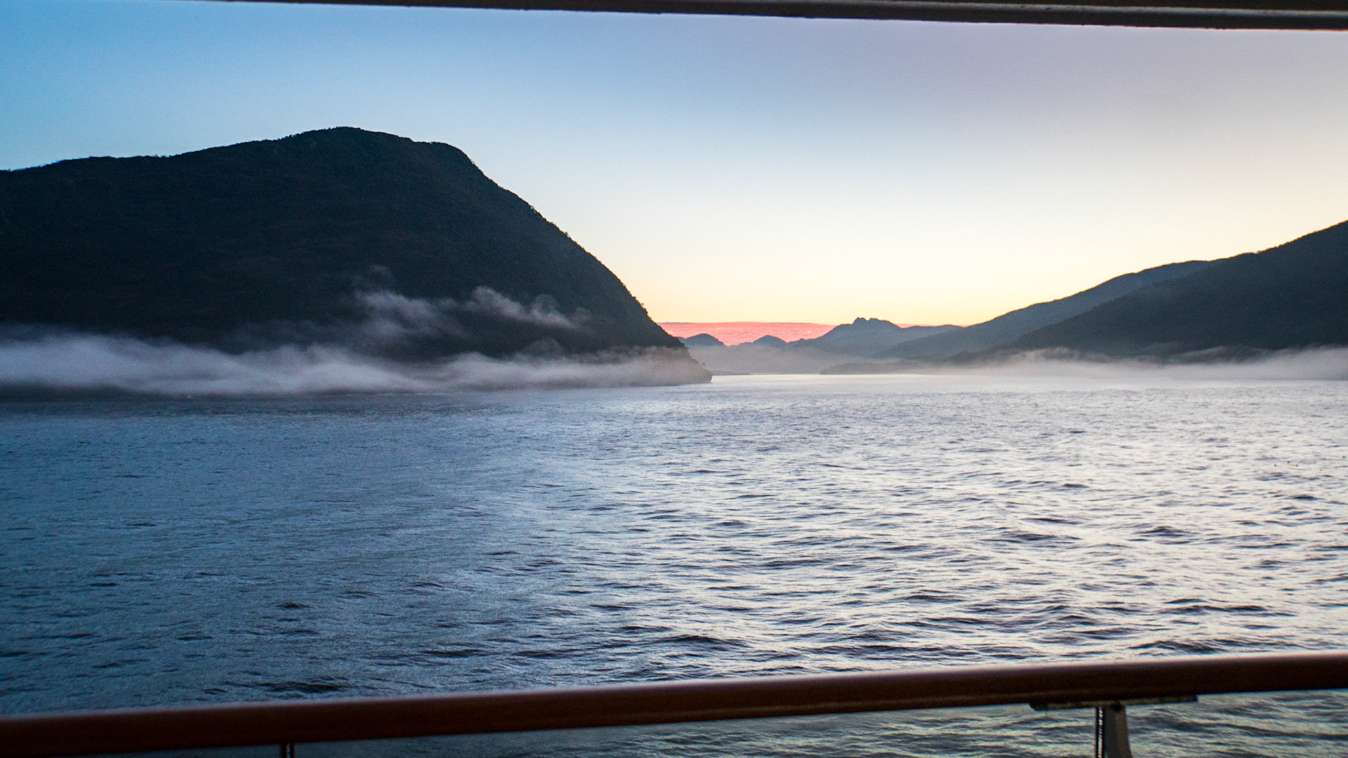 Evening sunset over the Fjords near Chacabuco