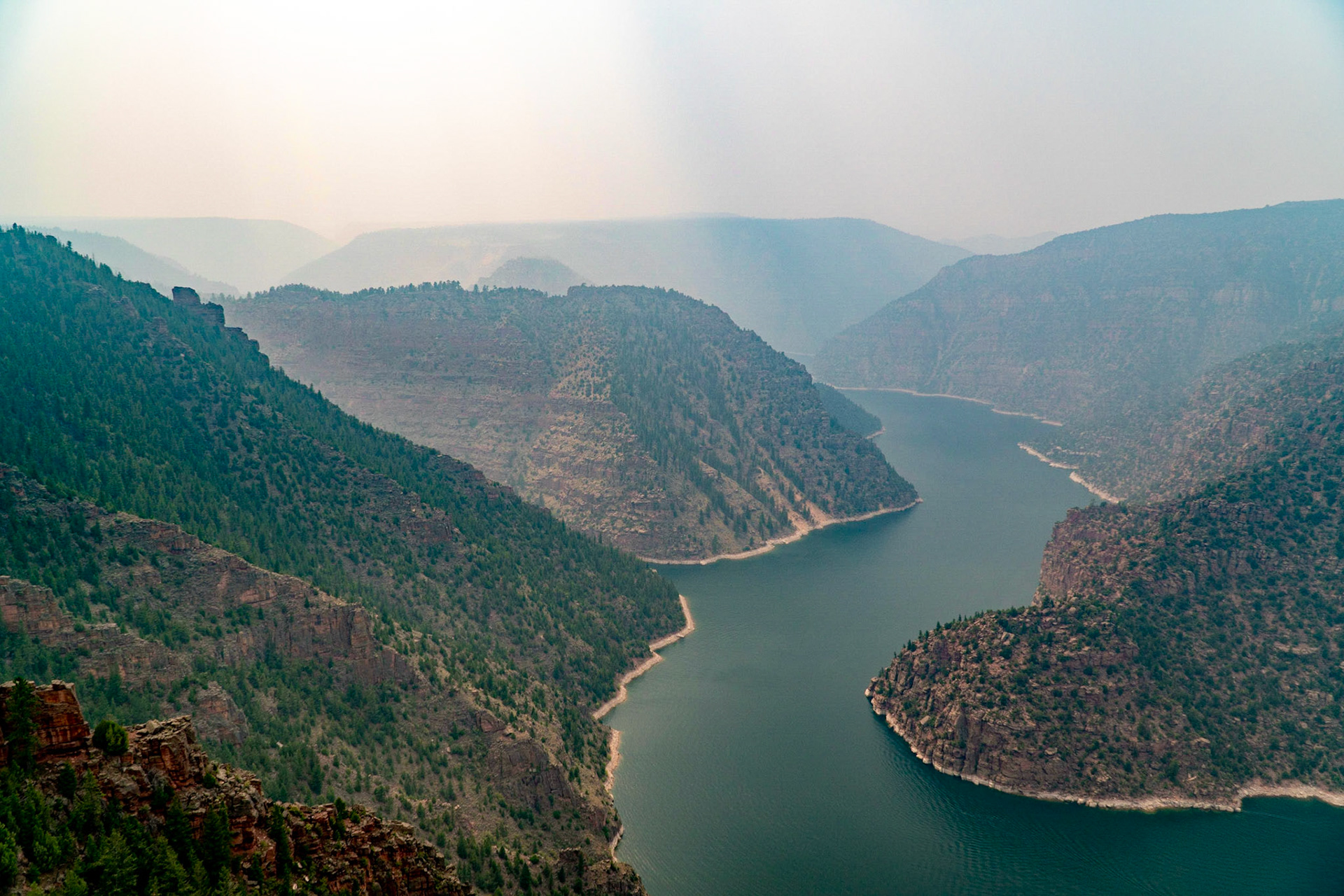 Flaming Gorge is covered with smoke and haze