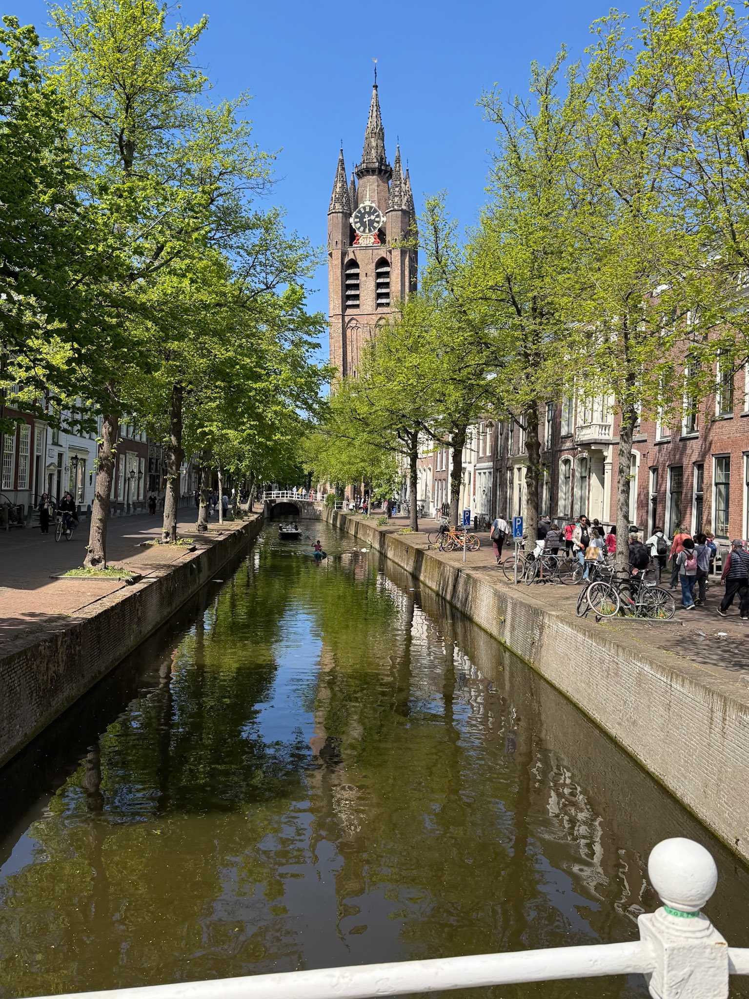 Clock tower and canals in Delft
