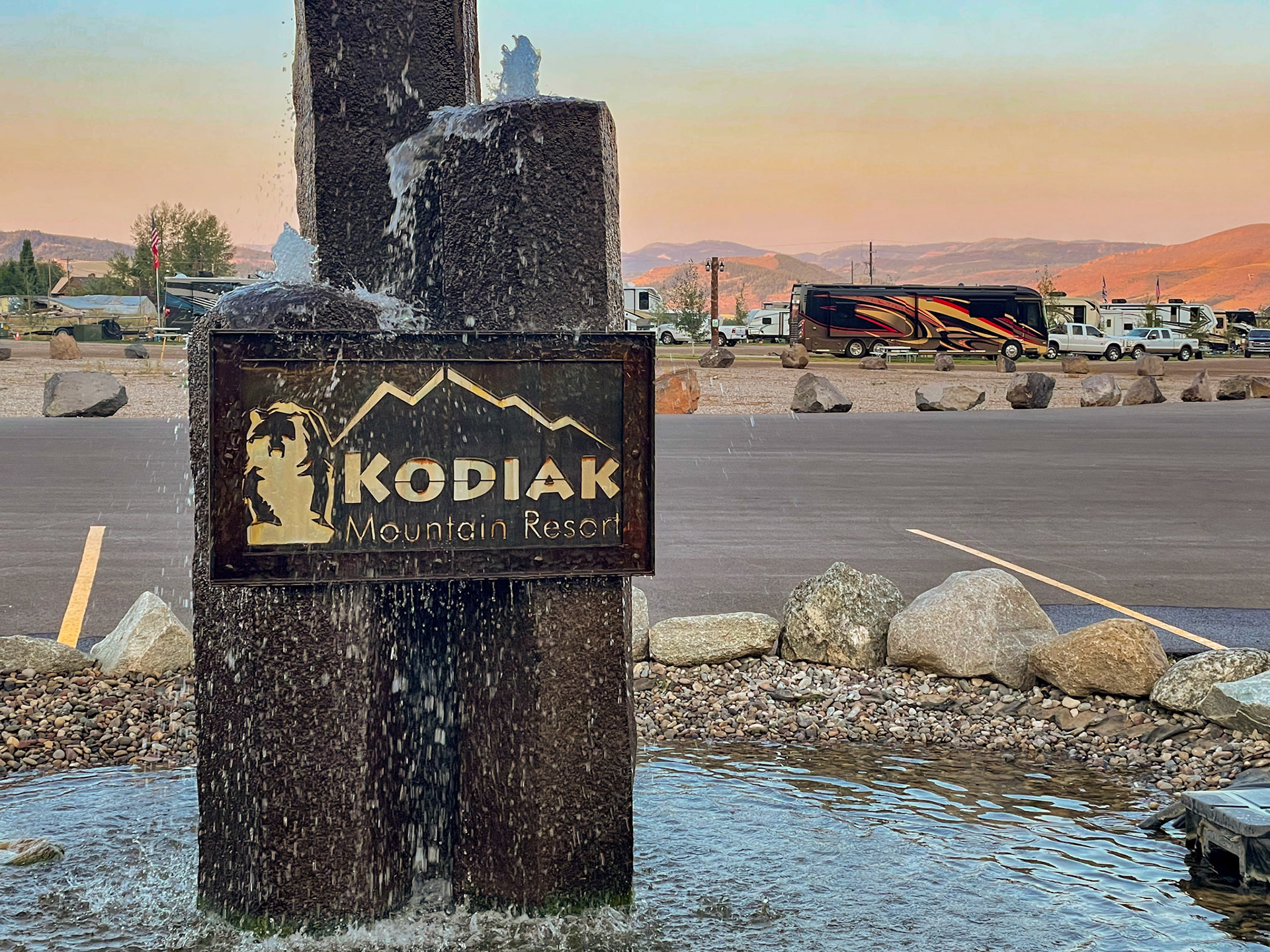 Early morning at Kodiac Mountain RV Resort with the RV in the background
