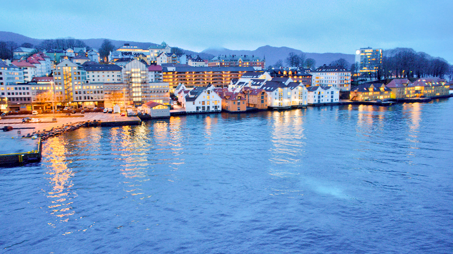 View of the Bergen harbor from our cabin on the first night aboard