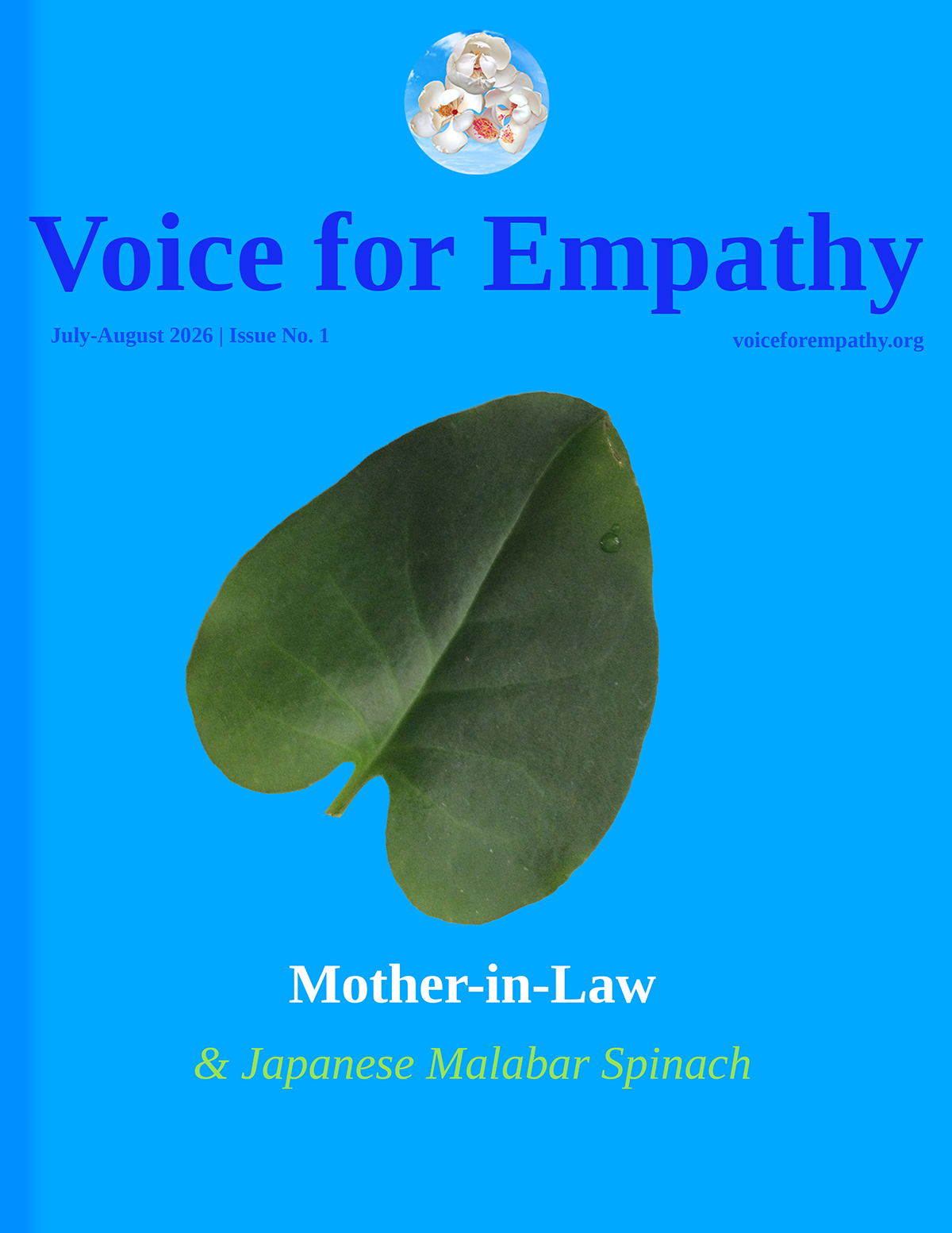 Front cover of Voice for Empathy newsletter Issue No. 1, featuring a close-up photo of a green Japanese Malabar Spinach leaf against a blue background..
