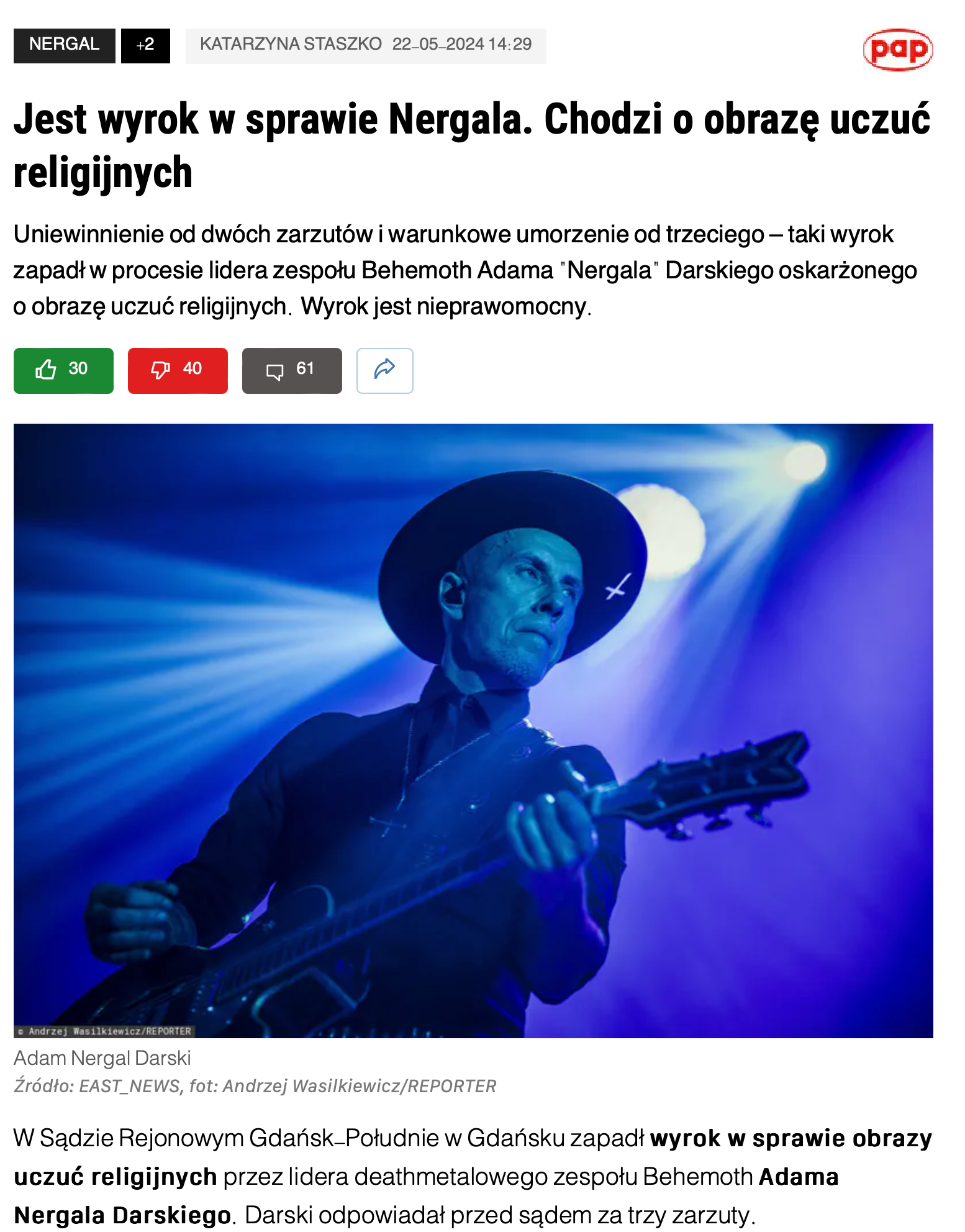 Uniewinnienie od dwóch zarzutów i warunkowe umorzenie od trzeciego – taki wyrok zapadł w procesie lidera zespołu Behemoth Adama "Nergala" Darskiego