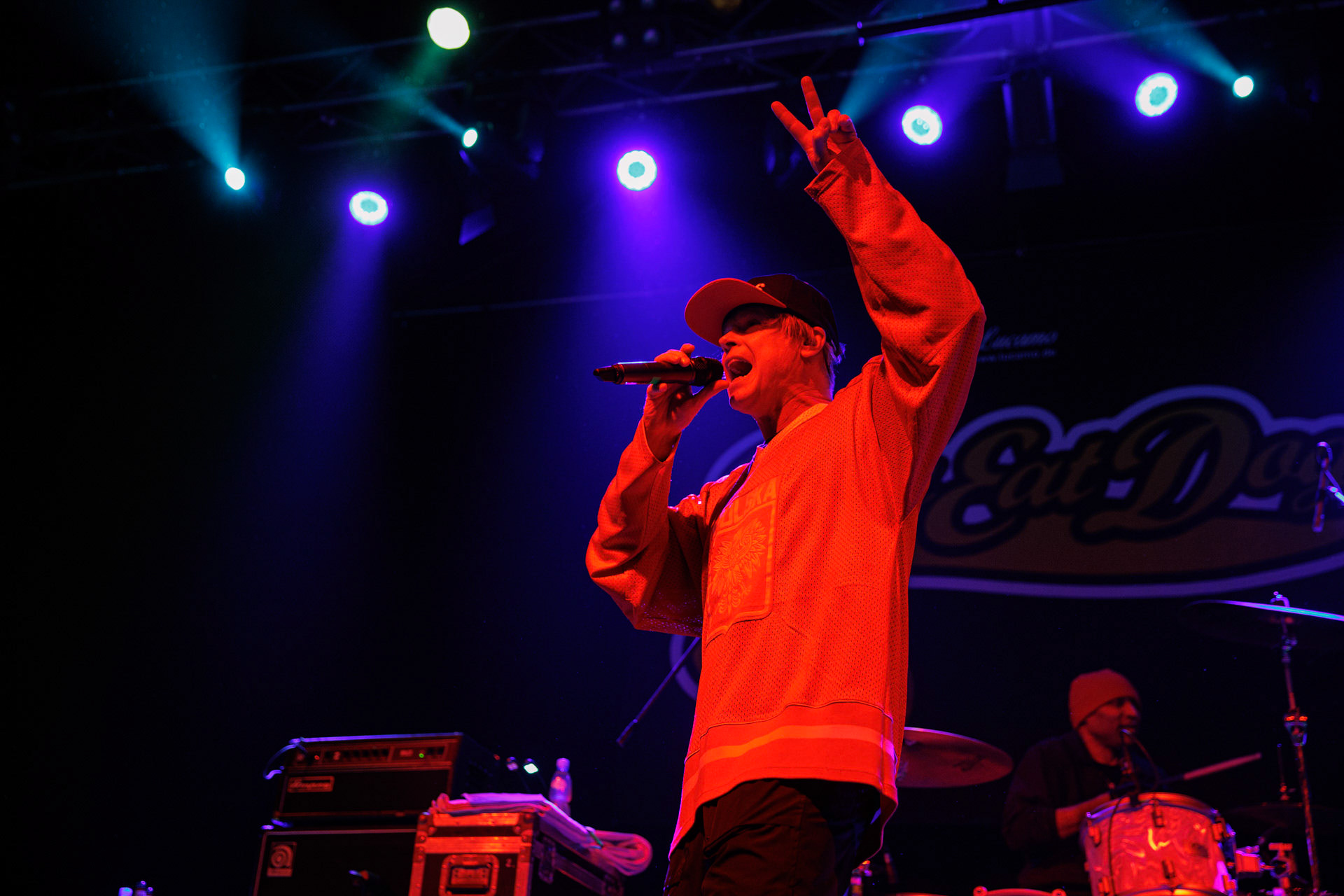 30.11.2021 koncert Dog Eat Dog - USA - hardcore, punkrock, rap, metal, hip hop, reggae, soul, funk,n/z Dave Neabore (bass), n/z John Connor (vocals), n/z Brandon Finley (drums), n/z Roger Hammerli (guitar),n/z Bozez (sax &amp; beer),koncert Warszawa, Progresja 25 lat albumu Play Games -  Dog Eat Dog.fot. Andrzej Wasilkiewicz/Reporter