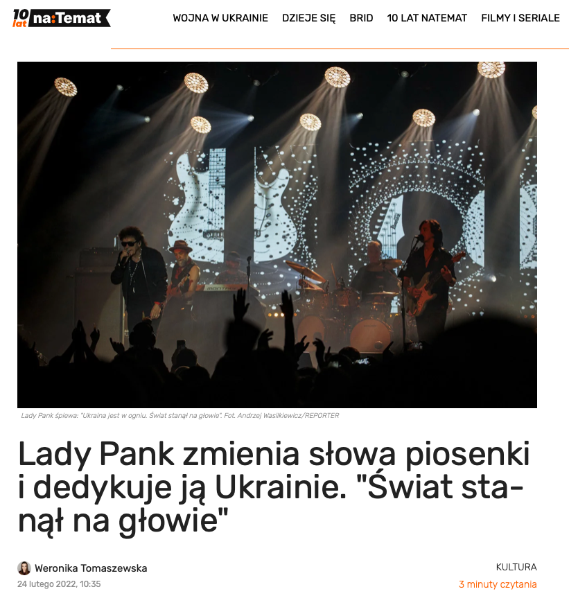 Lady Pank zmienia słowa piosenki i dedykuje ją Ukrainie. "Świat stanął na głowie"