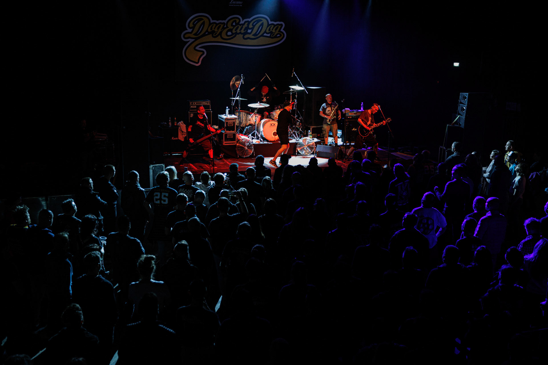 30.11.2021 koncert Dog Eat Dog - USA - hardcore, punkrock, rap, metal, hip hop, reggae, soul, funk,n/z Dave Neabore (bass), n/z John Connor (vocals), n/z Brandon Finley (drums), n/z Roger Hammerli (guitar),n/z Bozez (sax &amp; beer),koncert Warszawa, Progresja 25 lat albumu Play Games -  Dog Eat Dog.fot. Andrzej Wasilkiewicz/Reporter