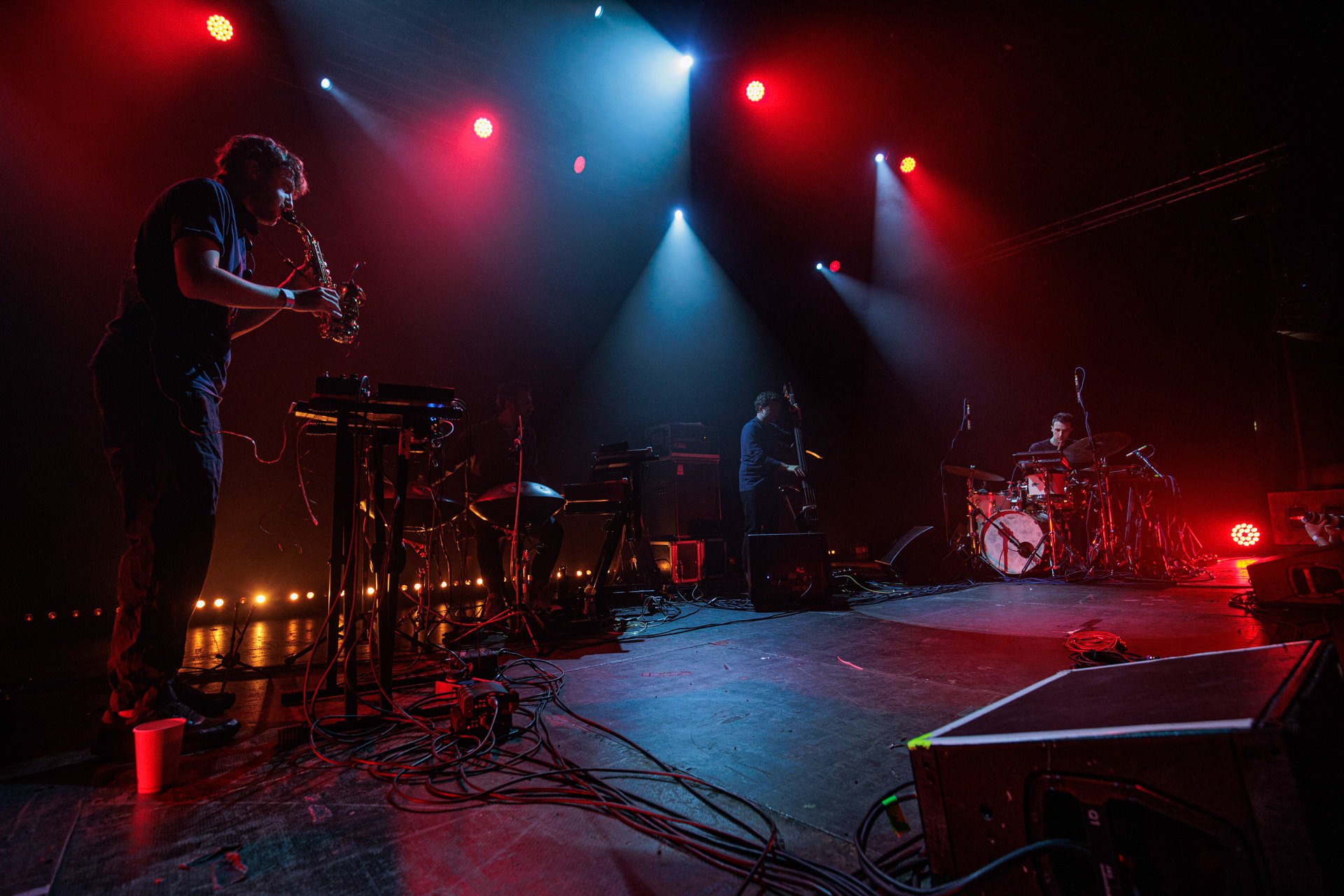 26.04.2022 Portico Quartet Jazz, ambient, electronic, hang. Warszawska Progresja.Portico Quartet to instrumentalny zespol z Londynu w Wielkiej Brytanii. n/z Duncan Bellamy - drums and electronics,n/z Milo Fitzpatrick - electric and double-bass,n/z Jack Wyllie - saxophones and keyboards,n/z Keir Vine -keyboards,Produkcja Winiary Bookings fot. Andrzej Wasilkiewicz/Reporter