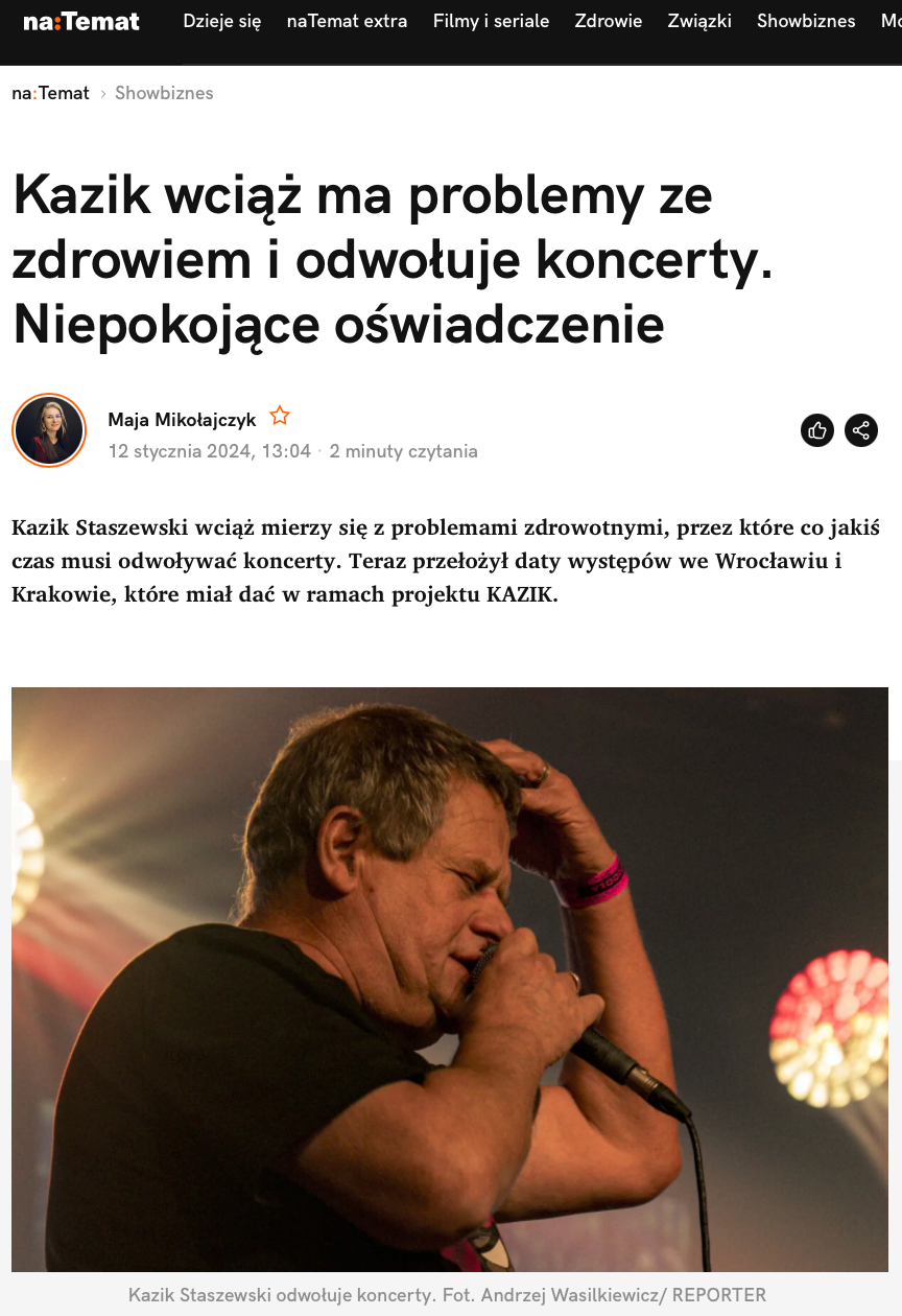 Kazik wciąż ma problemy ze zdrowiem i odwołuje koncerty. Niepokojące oświadczenie