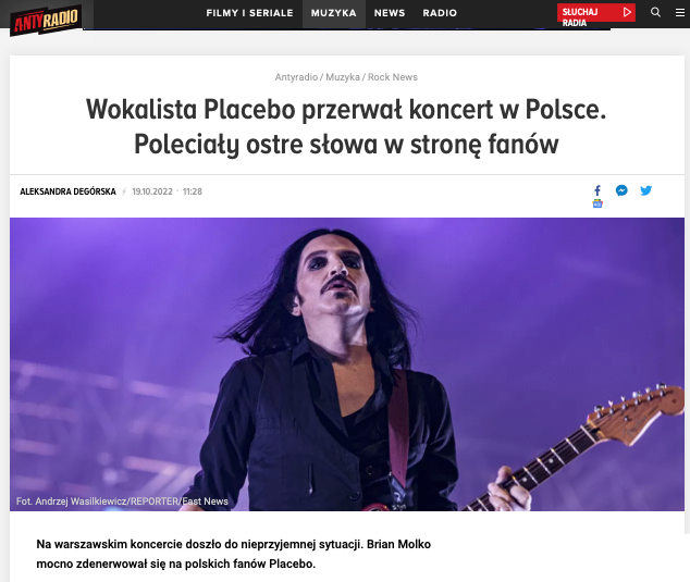 Placebo - Brian Molko przerywa koncert
