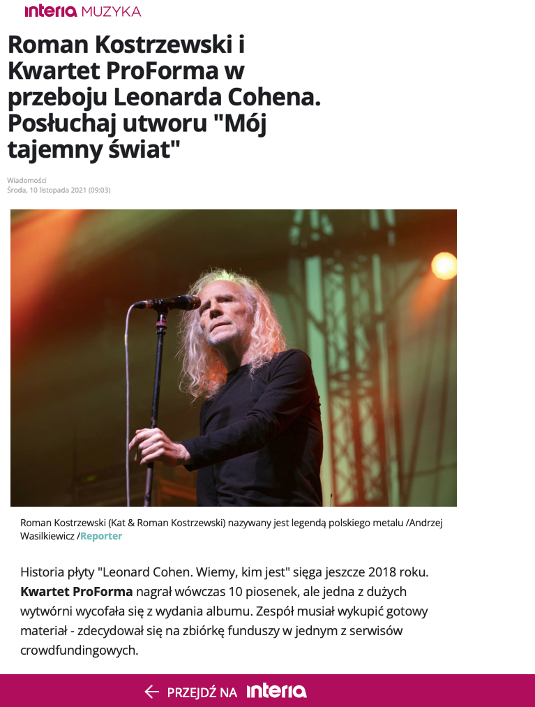 Roman Kostrzewski i Kwartet ProForma w przeboju Leonarda Cohena - Mój Tajemny Świat