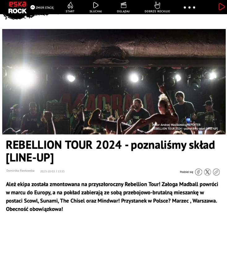 Rebellion Tour 2024 ! Madball wraz z  Scowl, Sunami, The Chisel oraz Mindwar!