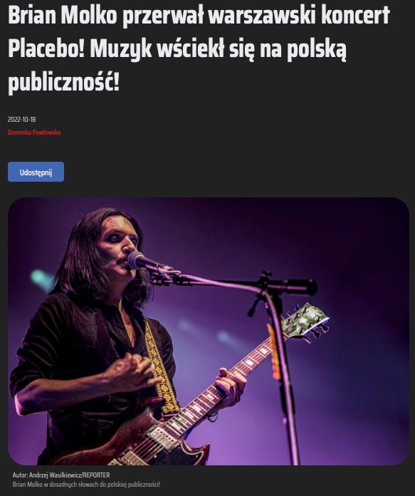 Brian Molko Placebo przerywa koncert w Warszawie