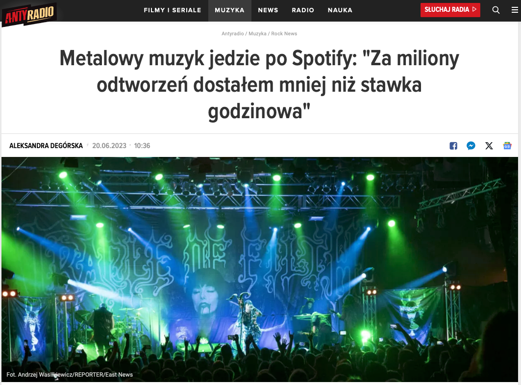 Dani Filth z Cradle Of Filth opowiedział o trudnościach, z którymi zmagają się muzycy. Wyjaśnił, że dostaje groszowe stawki od Spotify, chociaż muzyka jego zespołu ma kilkadziesiąt milionów odtworzeń.