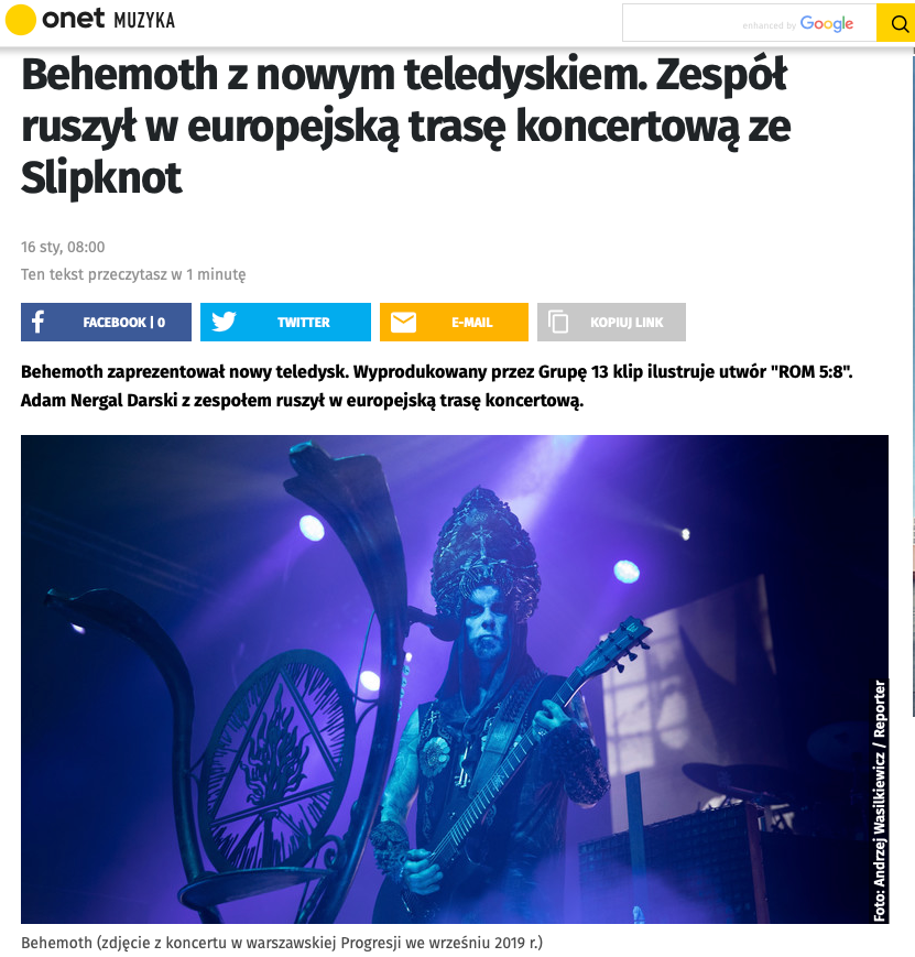 Behemoth - ROM 5:8 Adam Nergal Darski rusza w europejską trasę 2020
