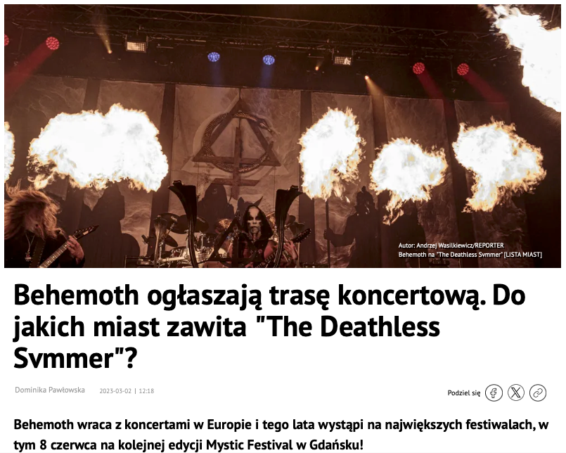 Behemoth ogłaszają trasę koncertową. Do jakich miast zawita "The Deathless Svmmer"?