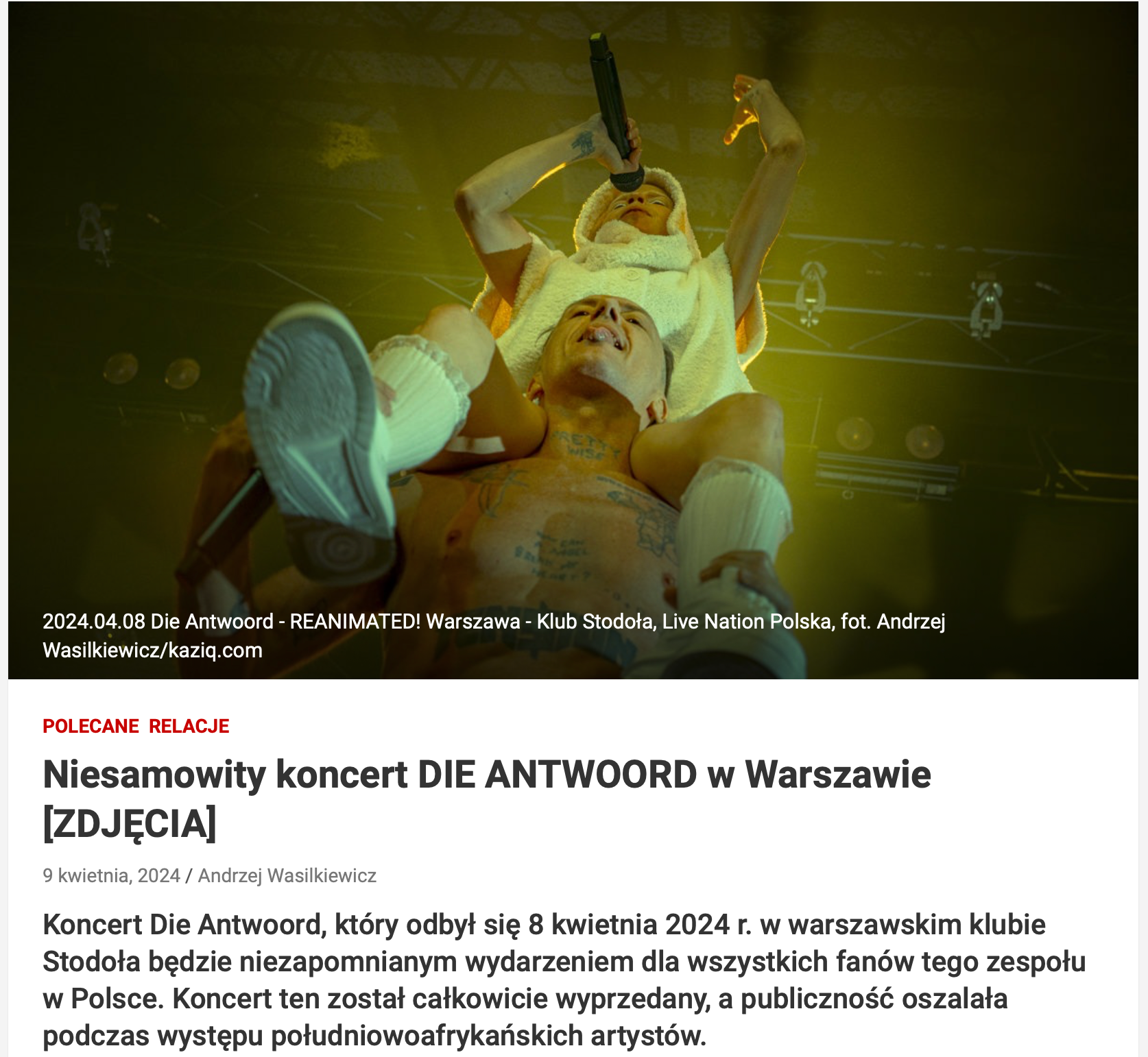 Koncert Die Antwoord, który odbył się 8 kwietnia 2024 r. w warszawskim klubie Stodoła