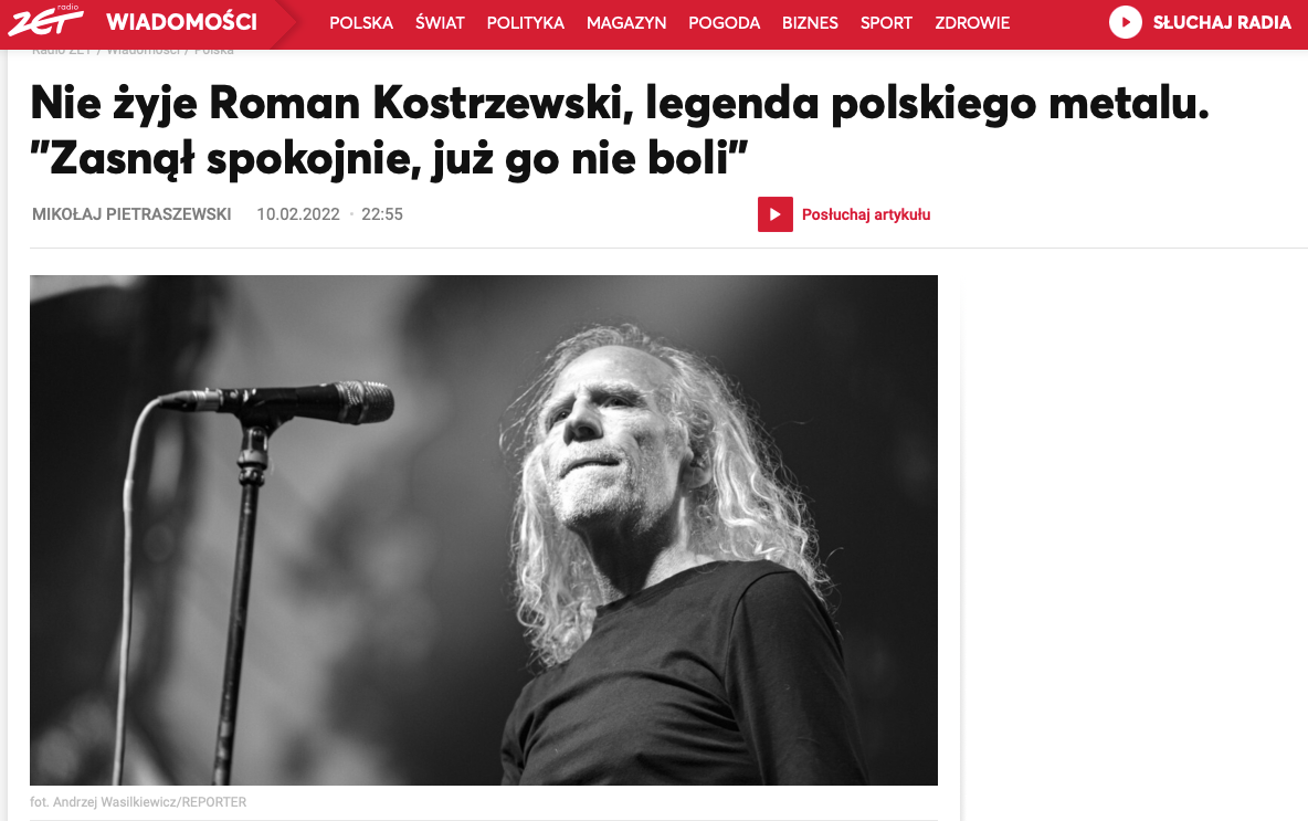 Nie żyje Roman Kostrzewski, legenda polskiego metalu. "Zasnął spokojnie, już go nie boli"  Więcej: https://wiadomosci.radiozet.pl/Polska/Roman-Kostrzewski-nie-zyje.-Legenda-polskiego-metalu-i-wokalista-zespolu-KAT-mial-61-lat