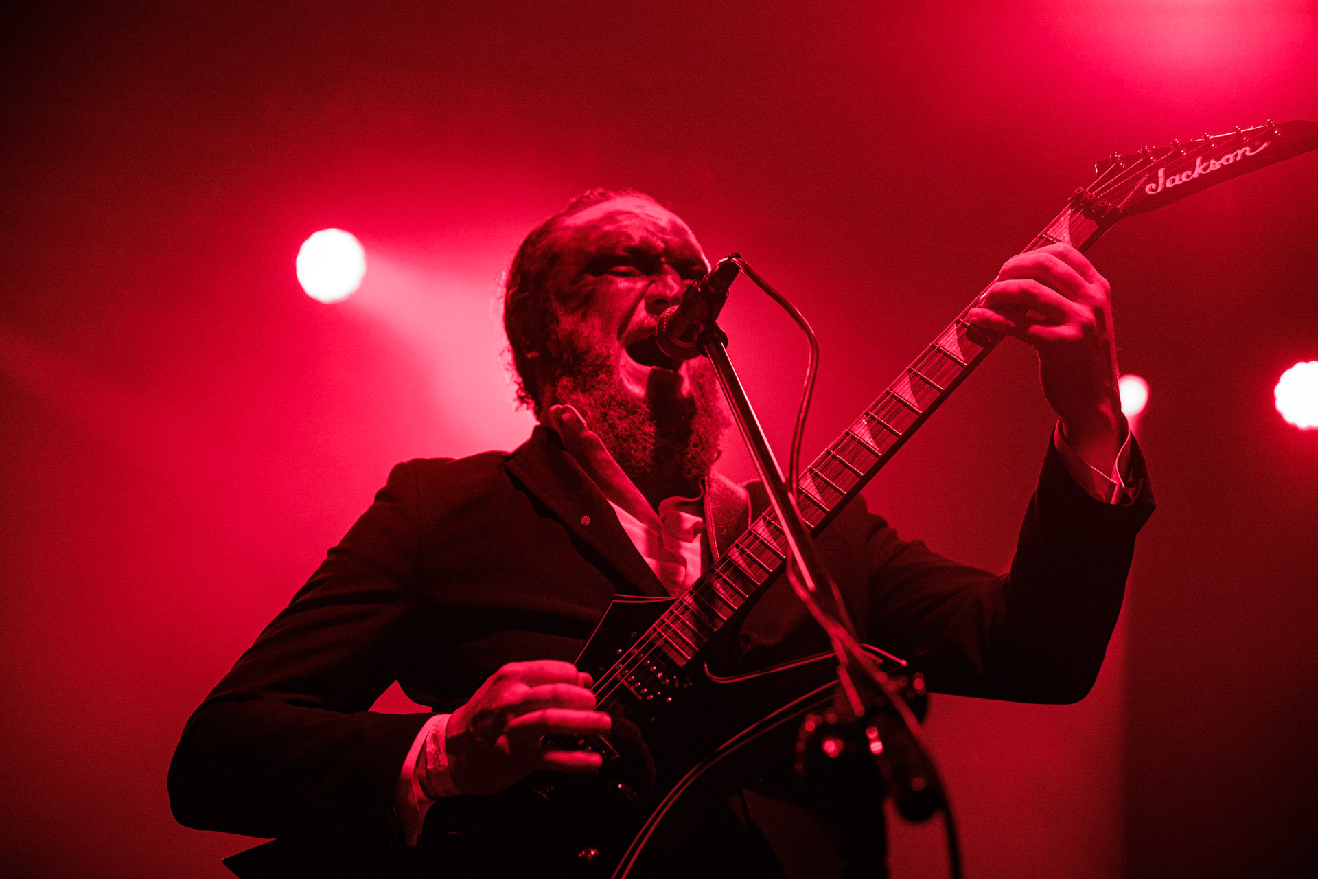 18.12.2021 Masturbator - Antysylwester Antyradia, 18 lat klubu Progresja,n/z Vithor/ growl-git, n/z Raefoth/bas, n/z Czaha/beki, n/z Mayhem/git,metal, blackmetal, thrashmetal, satanic old skull metal, fot. Andrzej Wasilkiewicz/Reporter