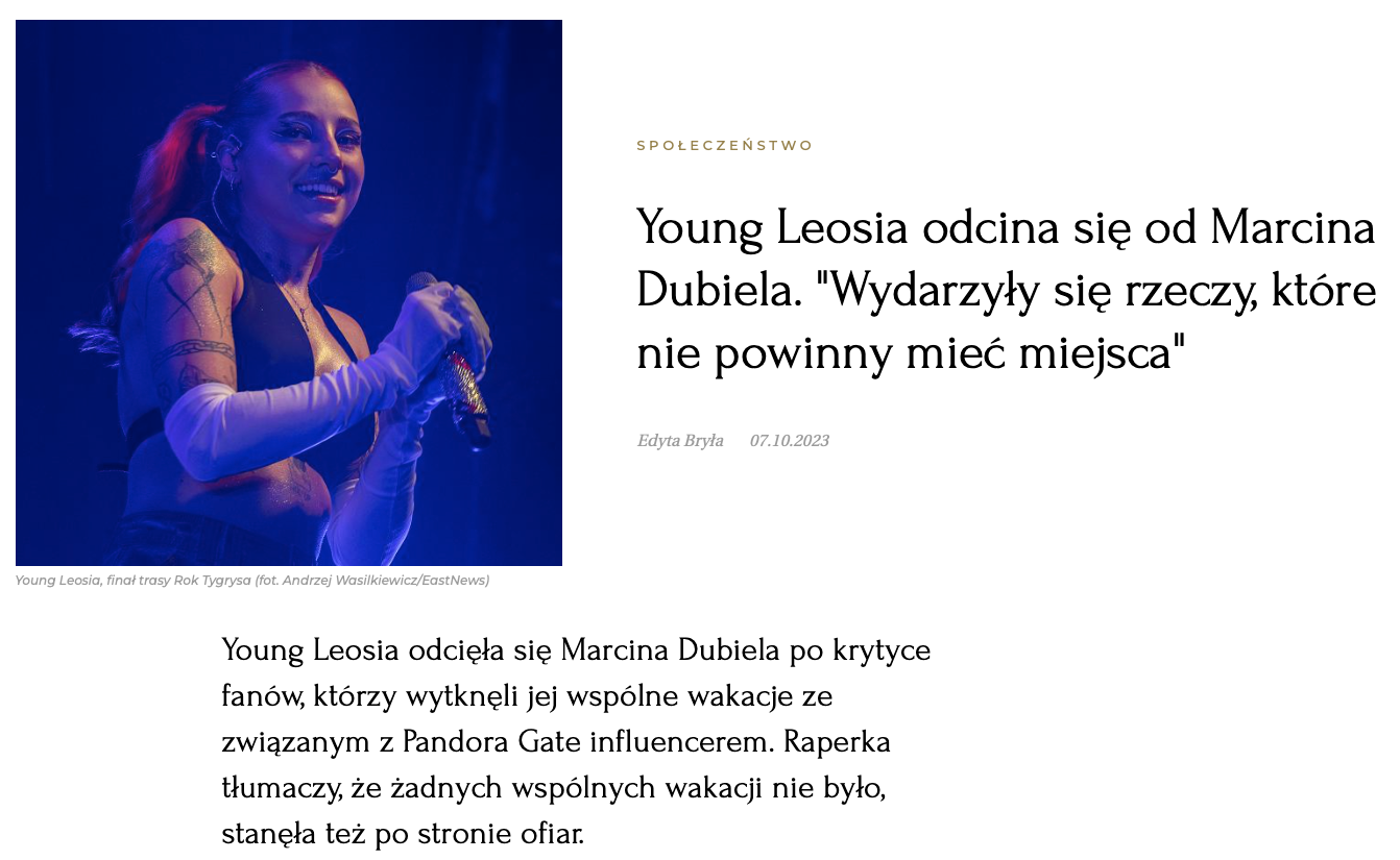 Young Leosia odcina się od Marcina Dubiela.