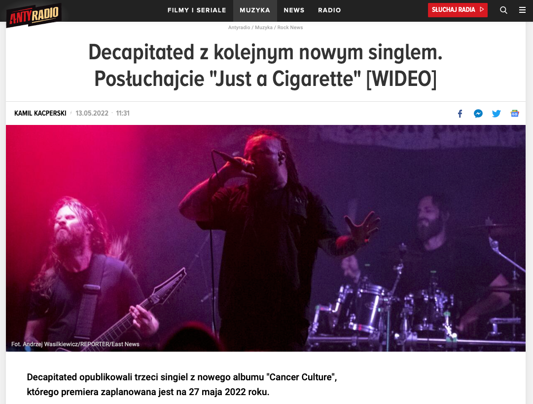 Decapitated opublikowali trzeci singiel z nowego albumu "Cancer Culture", którego premiera zaplanowana jest na 27 maja 2022 roku.