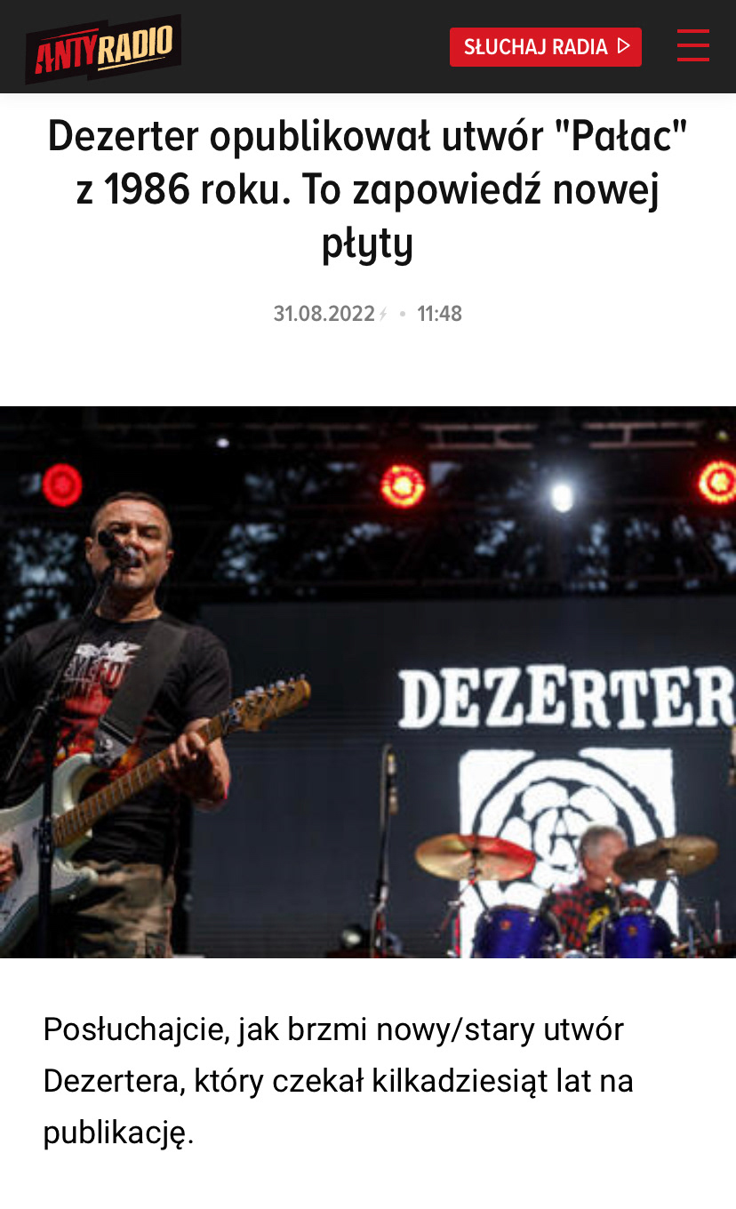Dezerter opublikował utwór "Pałac" z 1986 roku. To zapowiedź nowej płyty