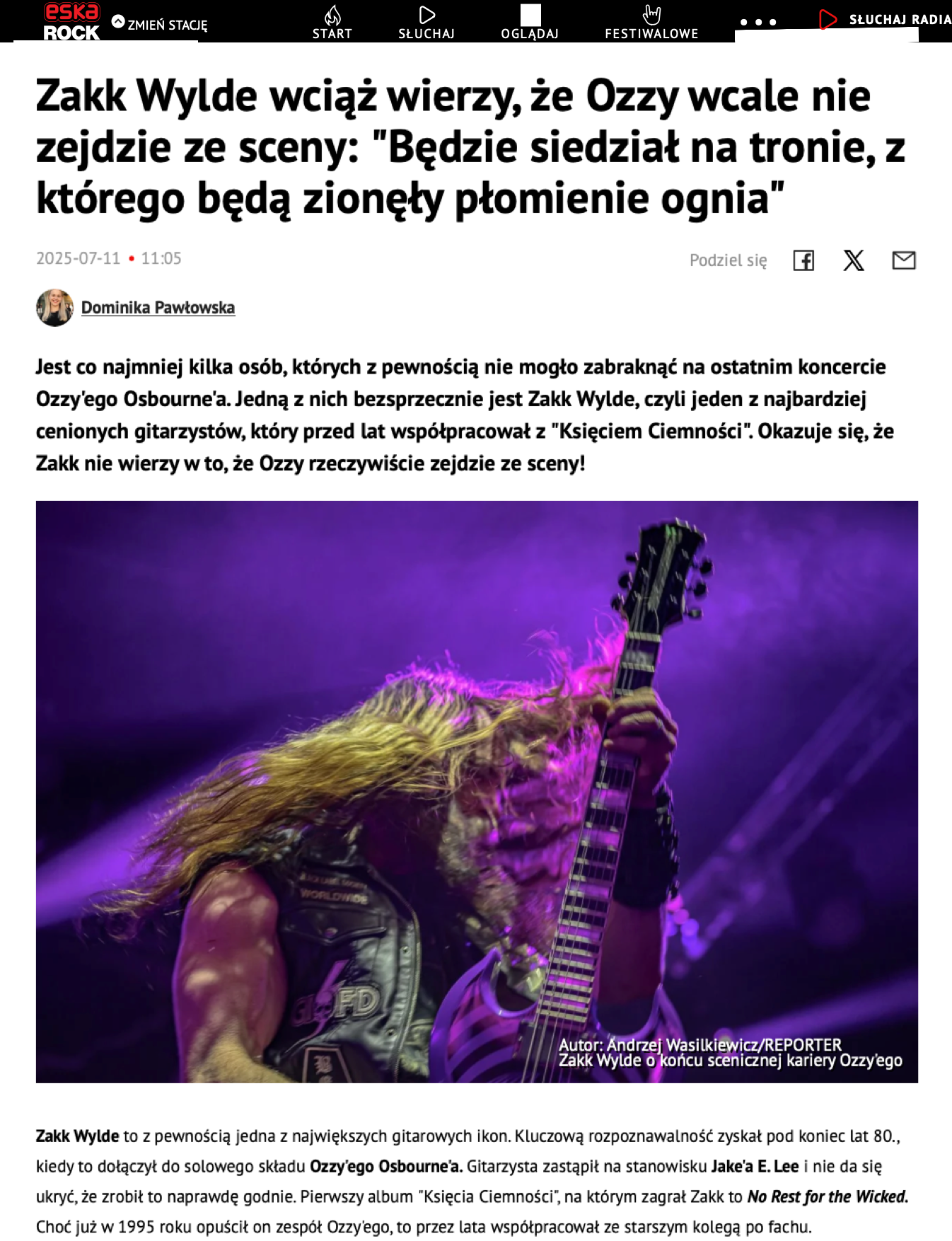 Zakk Wylde wciąż wierzy, że Ozzy wcale nie zejdzie ze sceny: "Będzie siedział na tronie, z którego będą zionęły płomienie ognia"