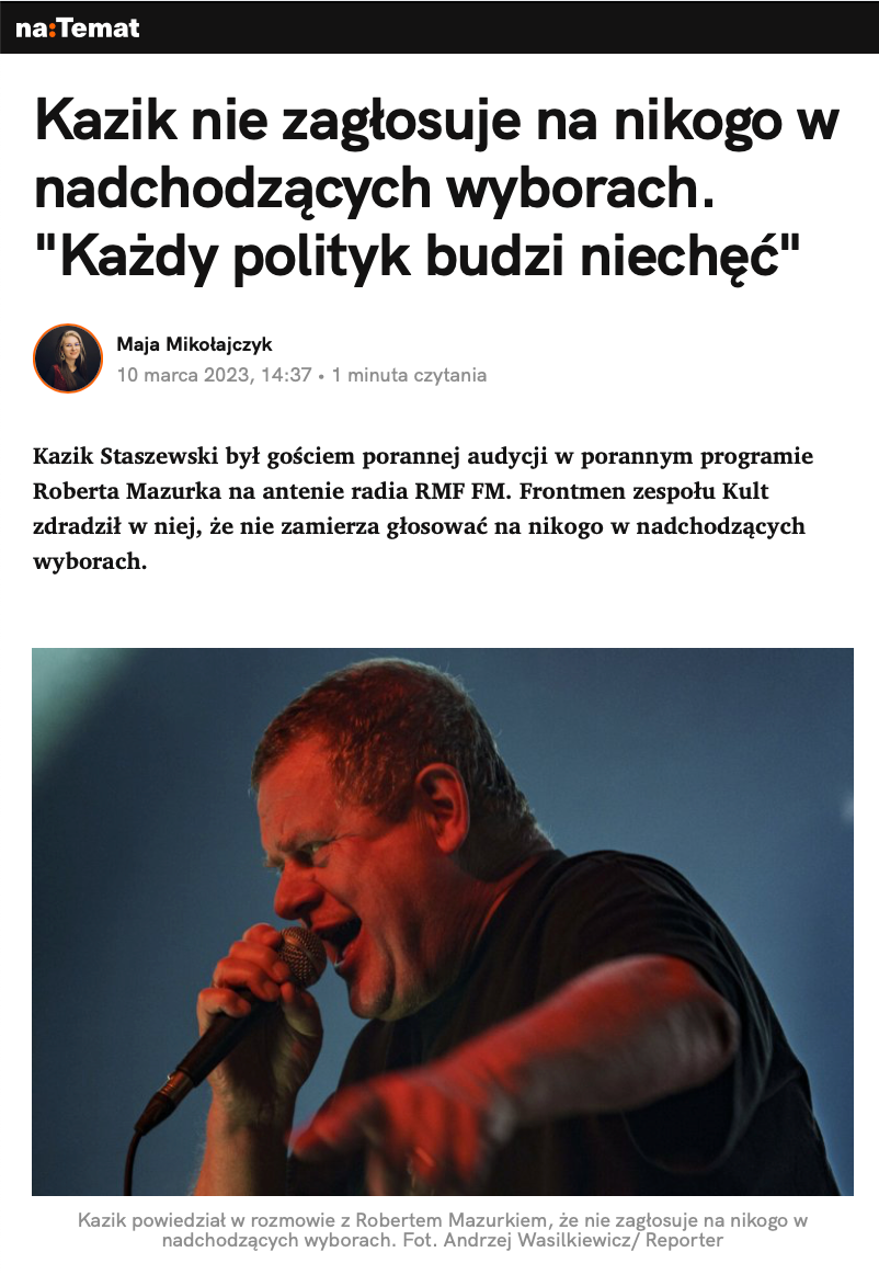 Kazik nie zagłosuje na nikogo w nadchodzących wyborach. "Każdy polityk budzi niechęć"