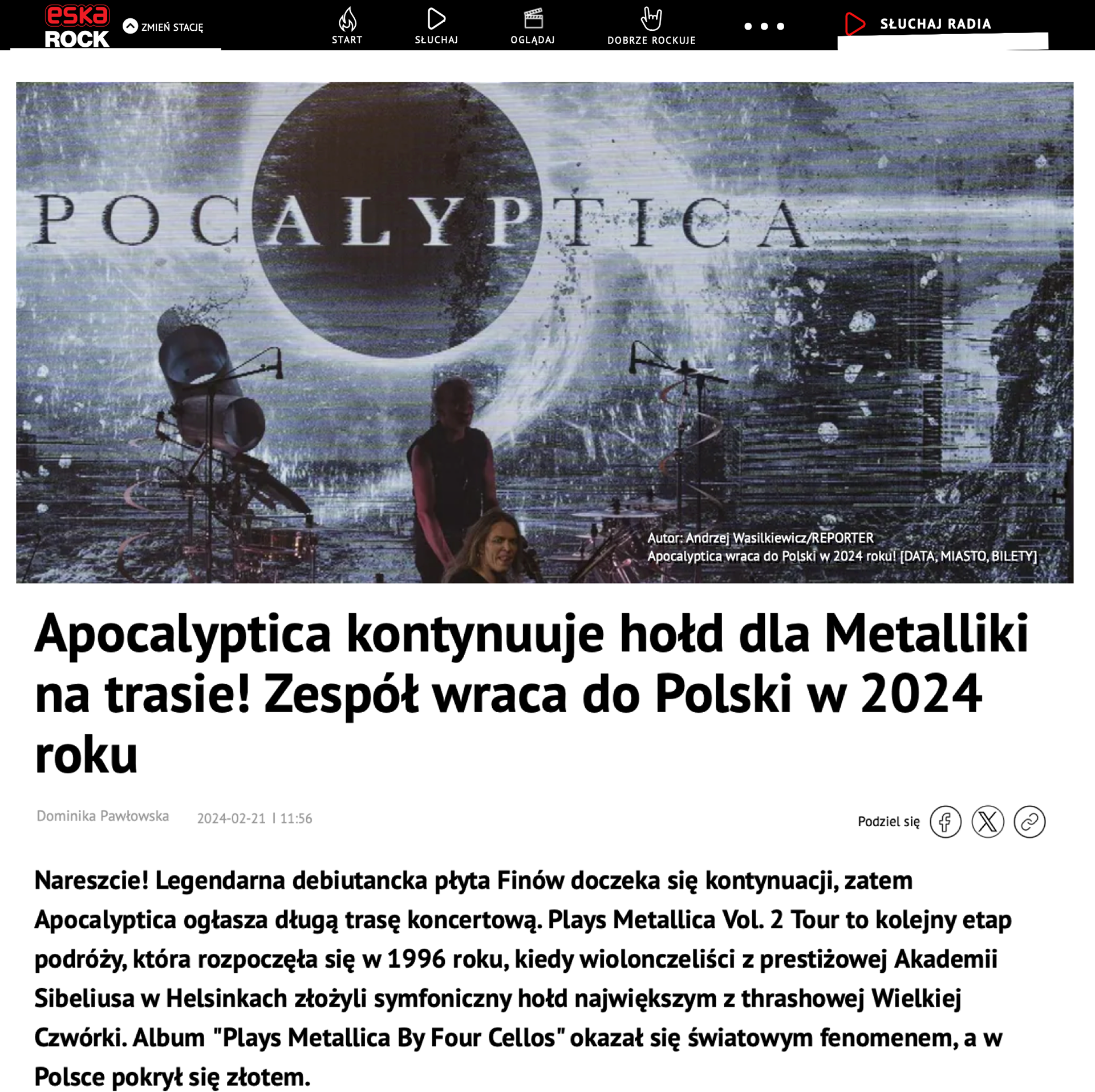 Apocalyptica kontynuuje hołd dla Metalliki na trasie! Zespół wraca do Polski w 2024 roku