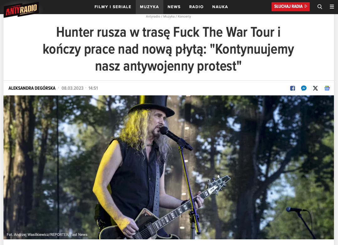 Hunter rusza w trasę Fuck The War Tour i kończy prace nad nową płytą: "Kontynuujemy nasz antywojenny protest"