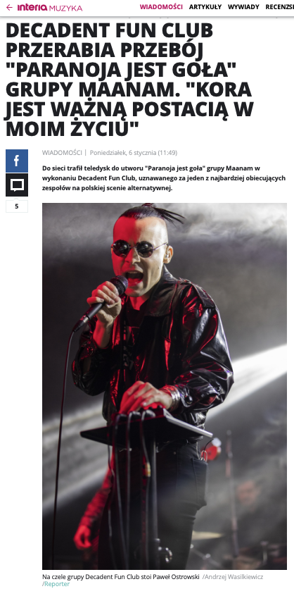 DECADENT FUN CLUB PRZERABIA PRZEBÓJ "PARANOJA JEST GOŁA" GRUPY MAANAM. "KORA JEST WAŻNĄ POSTACIĄ W MOIM ŻYCIU"
