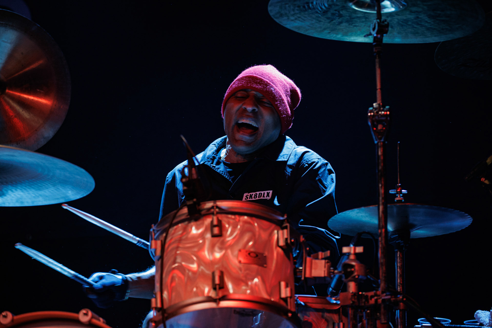 30.11.2021 koncert Dog Eat Dog - USA - hardcore, punkrock, rap, metal, hip hop, reggae, soul, funk,n/z Dave Neabore (bass), n/z John Connor (vocals), n/z Brandon Finley (drums), n/z Roger Hammerli (guitar),n/z Bozez (sax &amp; beer),koncert Warszawa, Progresja 25 lat albumu Play Games -  Dog Eat Dog.fot. Andrzej Wasilkiewicz/Reporter