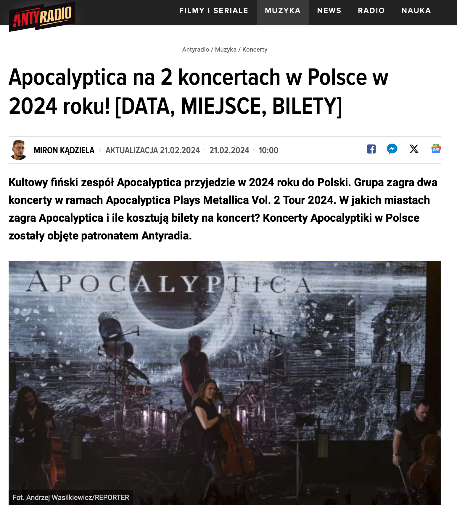Kultowy fiński zespół Apocalyptica przyjedzie w 2024 roku do Polski. Grupa zagra dwa koncerty w ramach Apocalyptica Plays Metallica Vol. 2 Tour 2024.