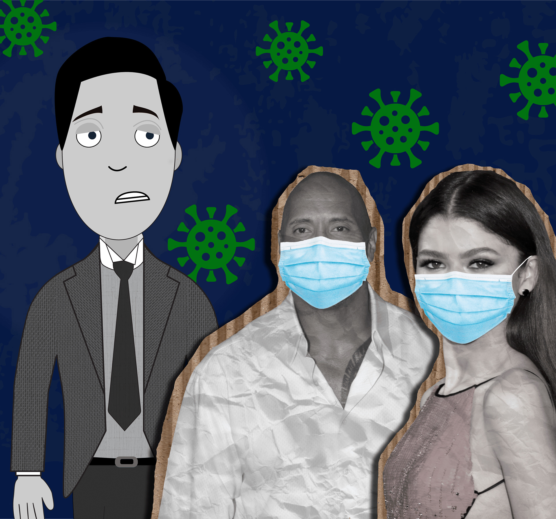 Cover image for video: Buster with masked actors. Virus cells float in backdrop.