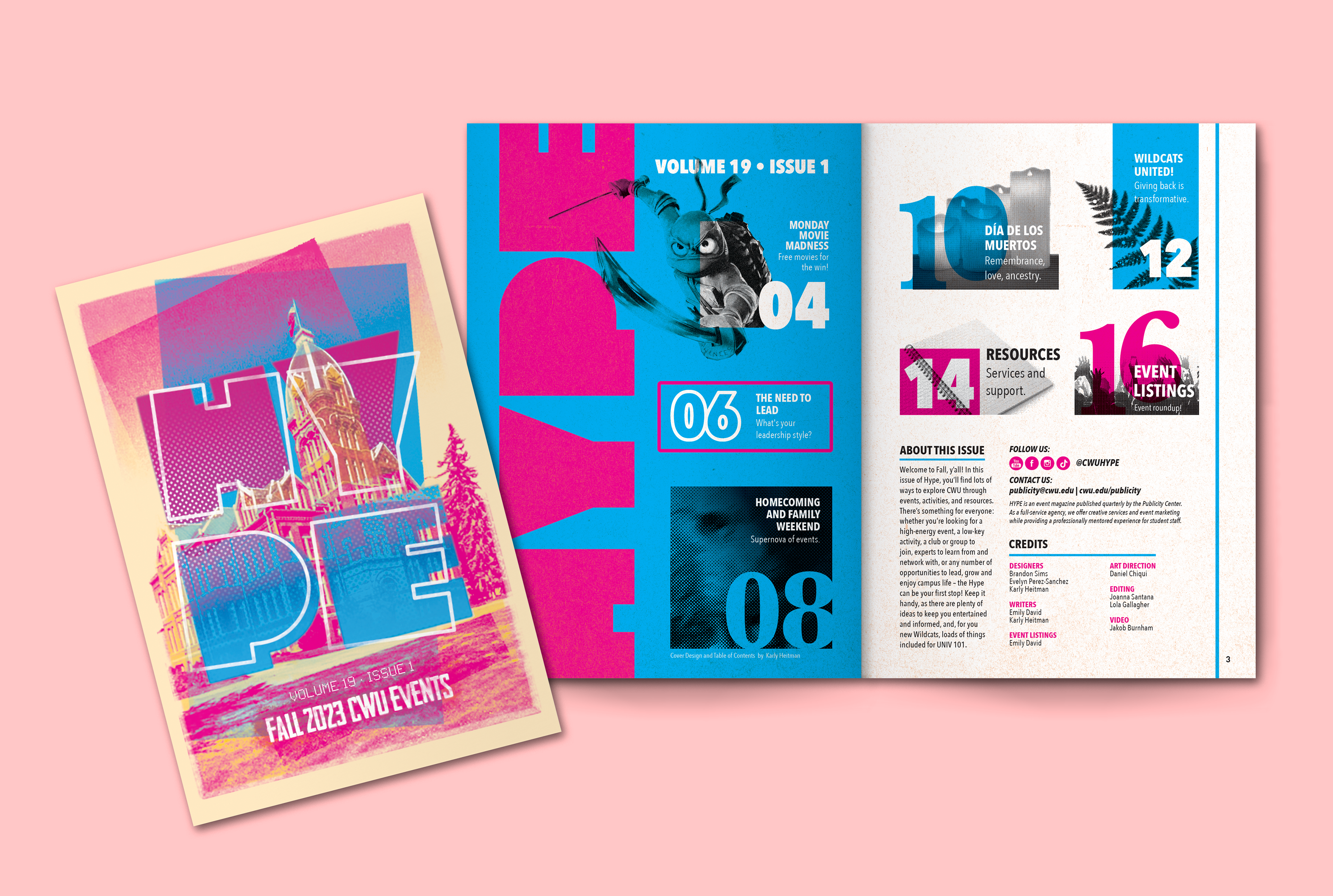 Cover and table of contents spread. Designs by me.
