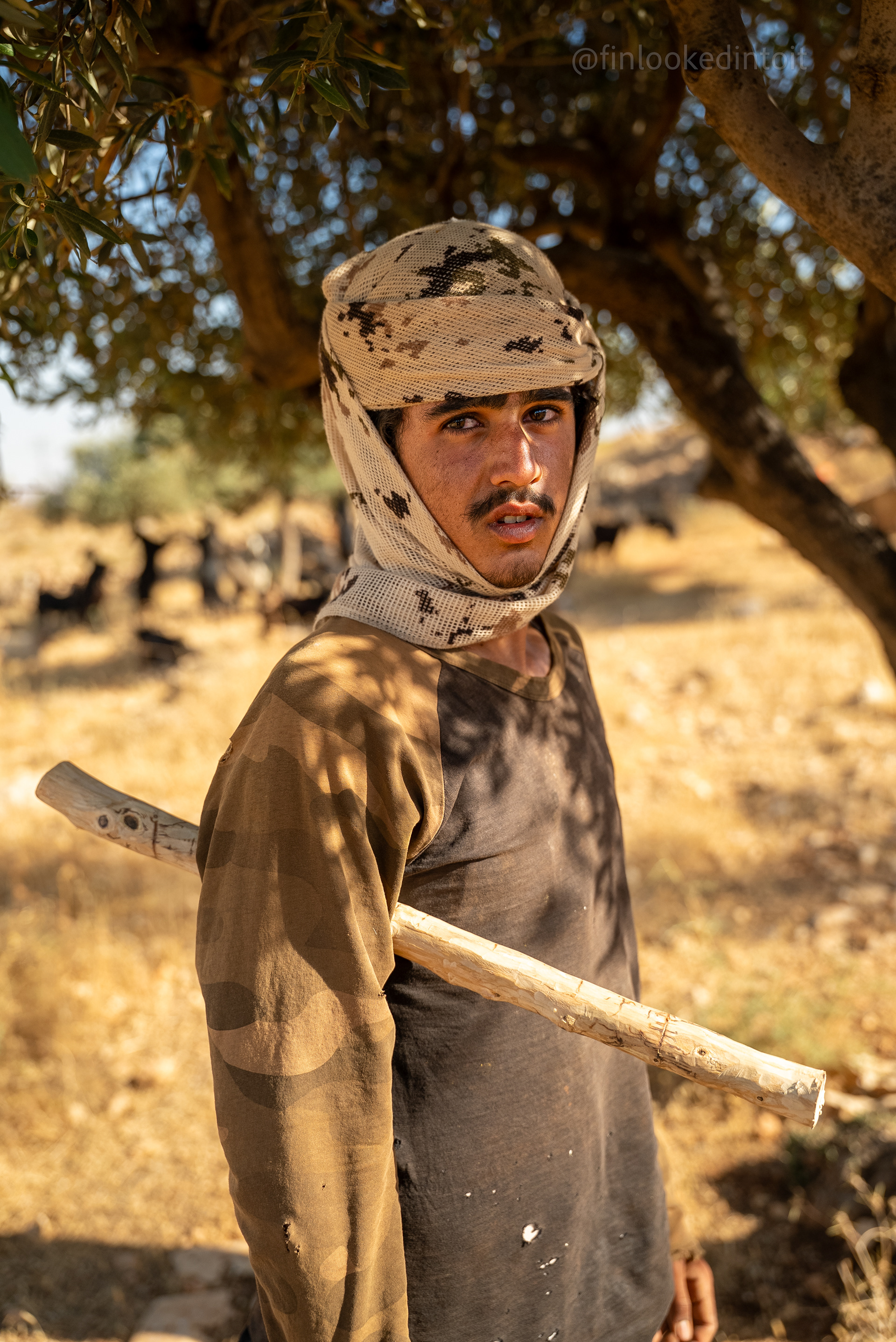 An Israeli settler carries a bat to threaten Palestinians as he trespasses in their property, on the outskirts of Taybeh, in the occupied West Bank, 06/05/2206