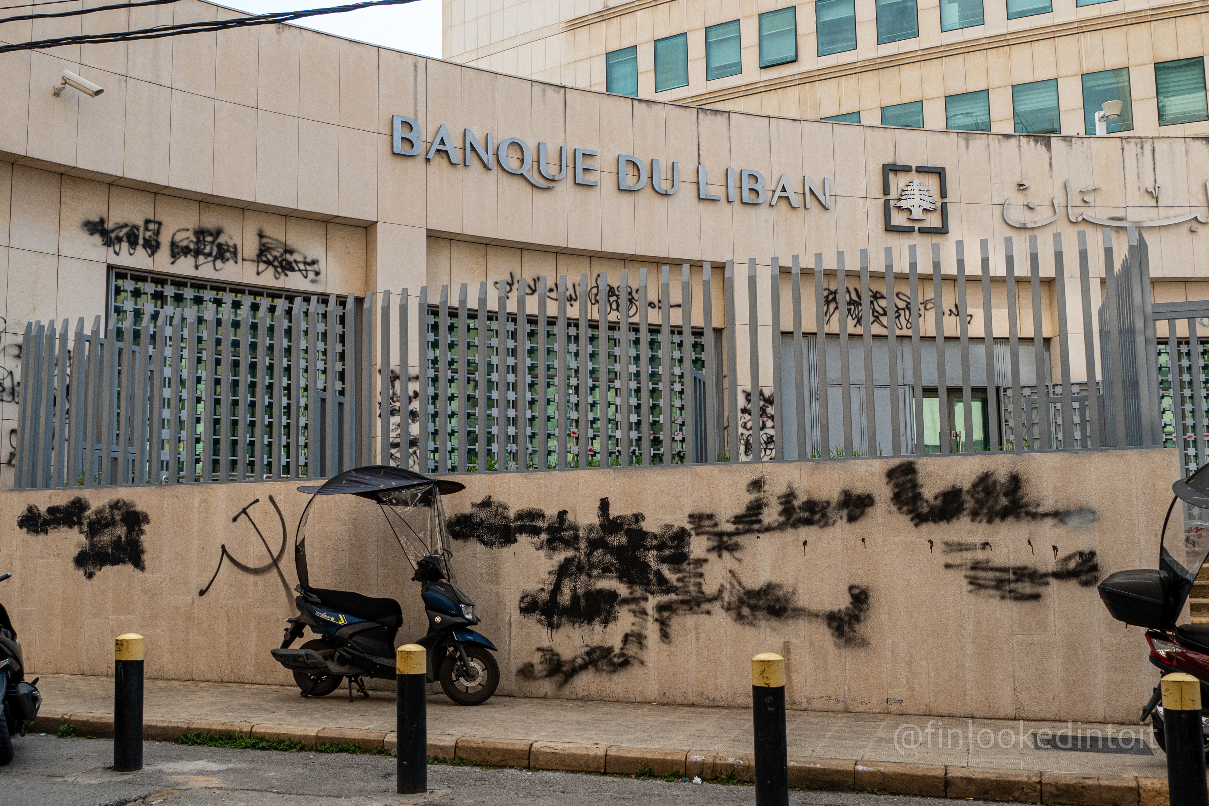 Lebanon's central bank covered with graffiti in the midst of a financial crisis that wiped out over $30 billion of depositor's savings, 04/31/2024