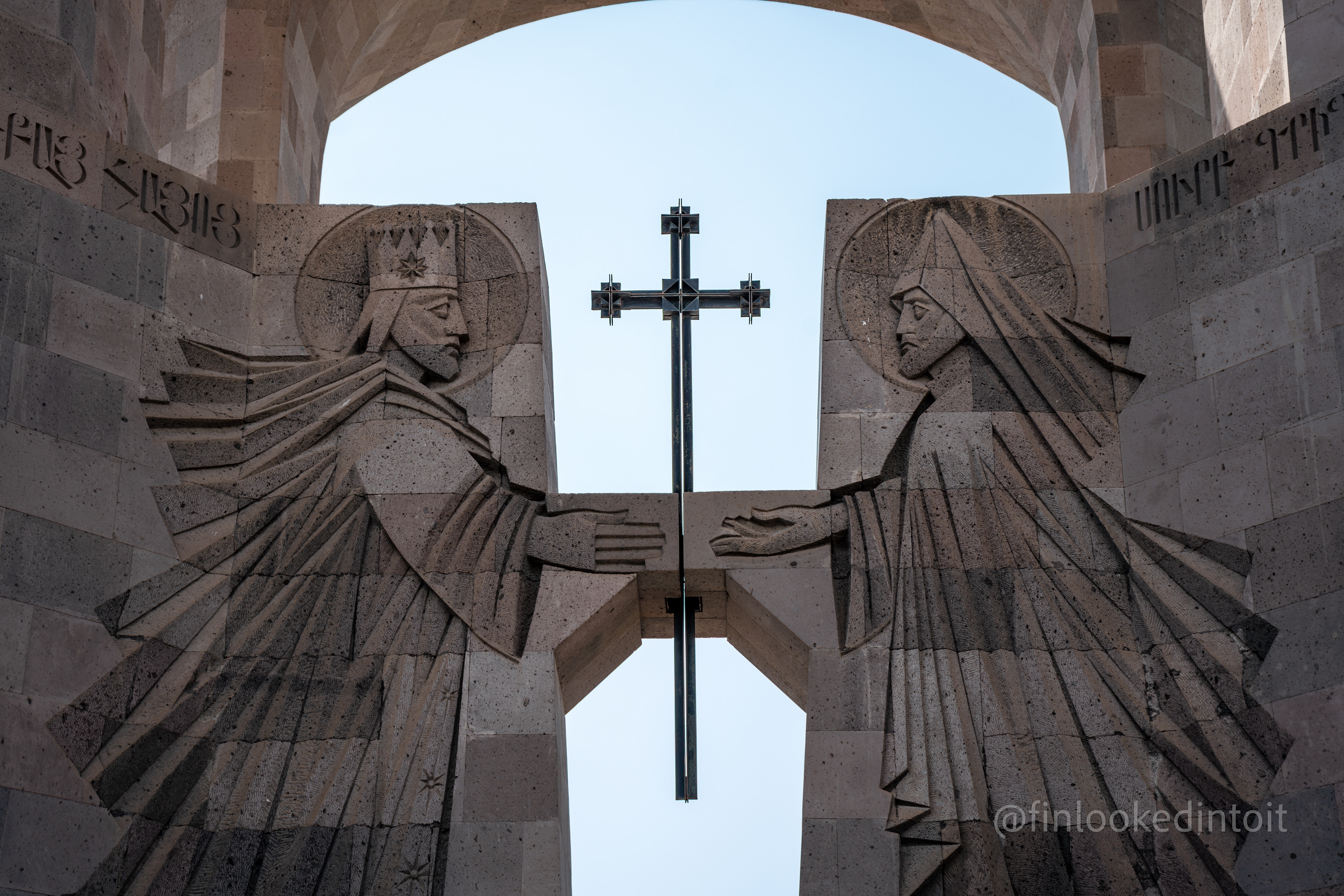A statue showing Saint Gregory the Illuminator handing over a cross to King Tiridates II, the first Christian king of Armenia, Etchmiadzin, 08/16/2023