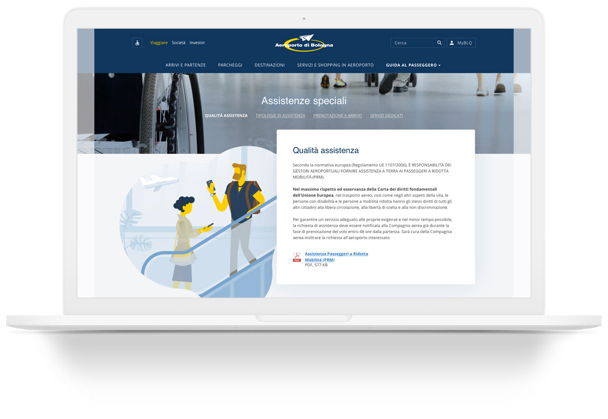 bologna airport website with illustration view on a laptop computer