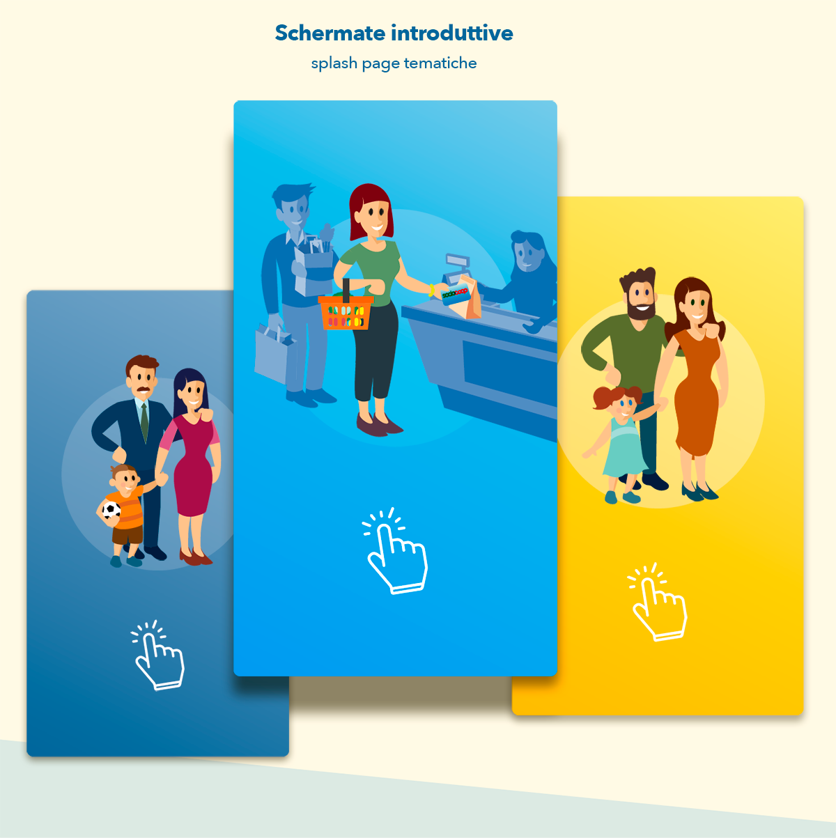Images of the three introductory screens of Coop's digital totems.