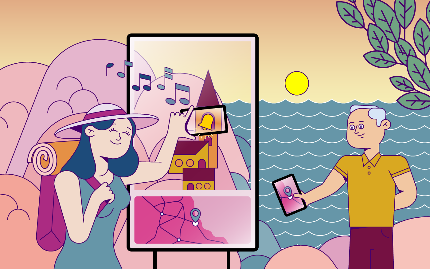 Illustration of two tourists consulting an interactive scoreboard