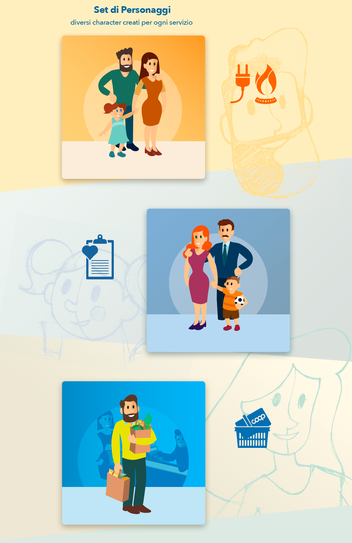 Illustrations and preparatory drawings of characters used in Coop's digital kiosks.