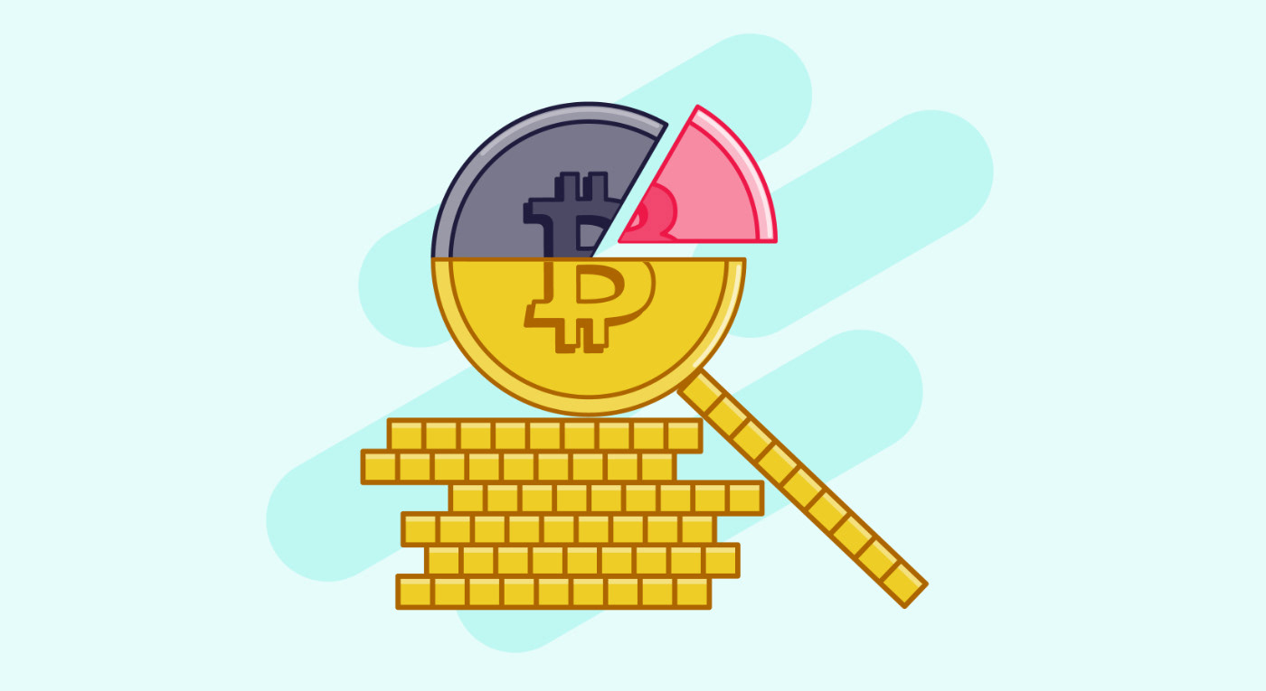Vector illustration of a bitcoin, colored and designed as if it were a coin and divided like a pie chart.