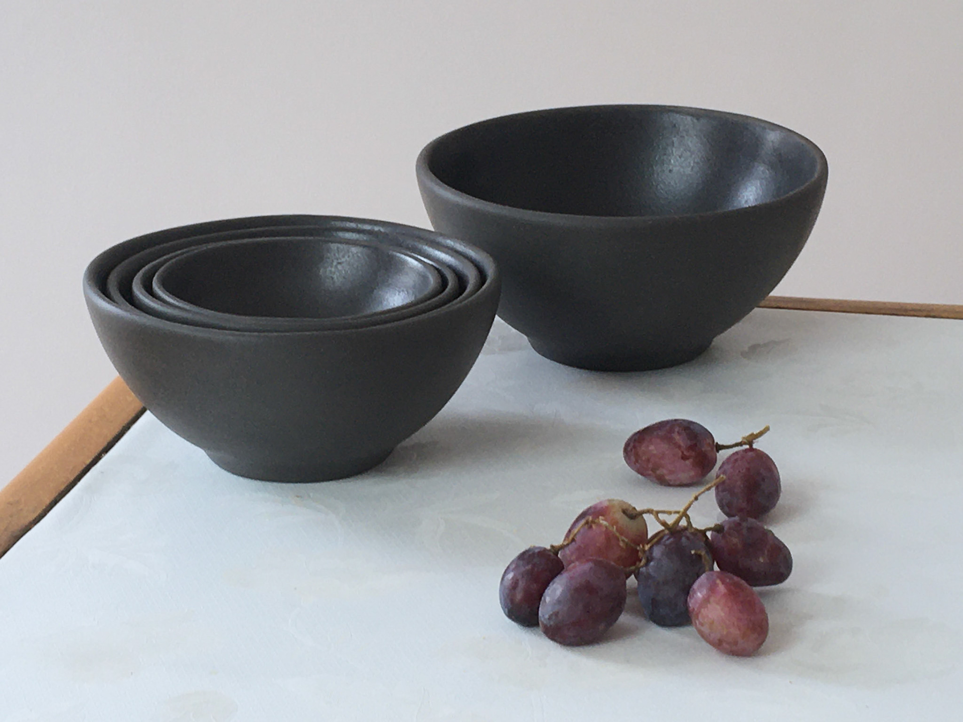 Handmade Oryoki Bowl Set, 3 parts, black, Single Piece out of Earthenware.
