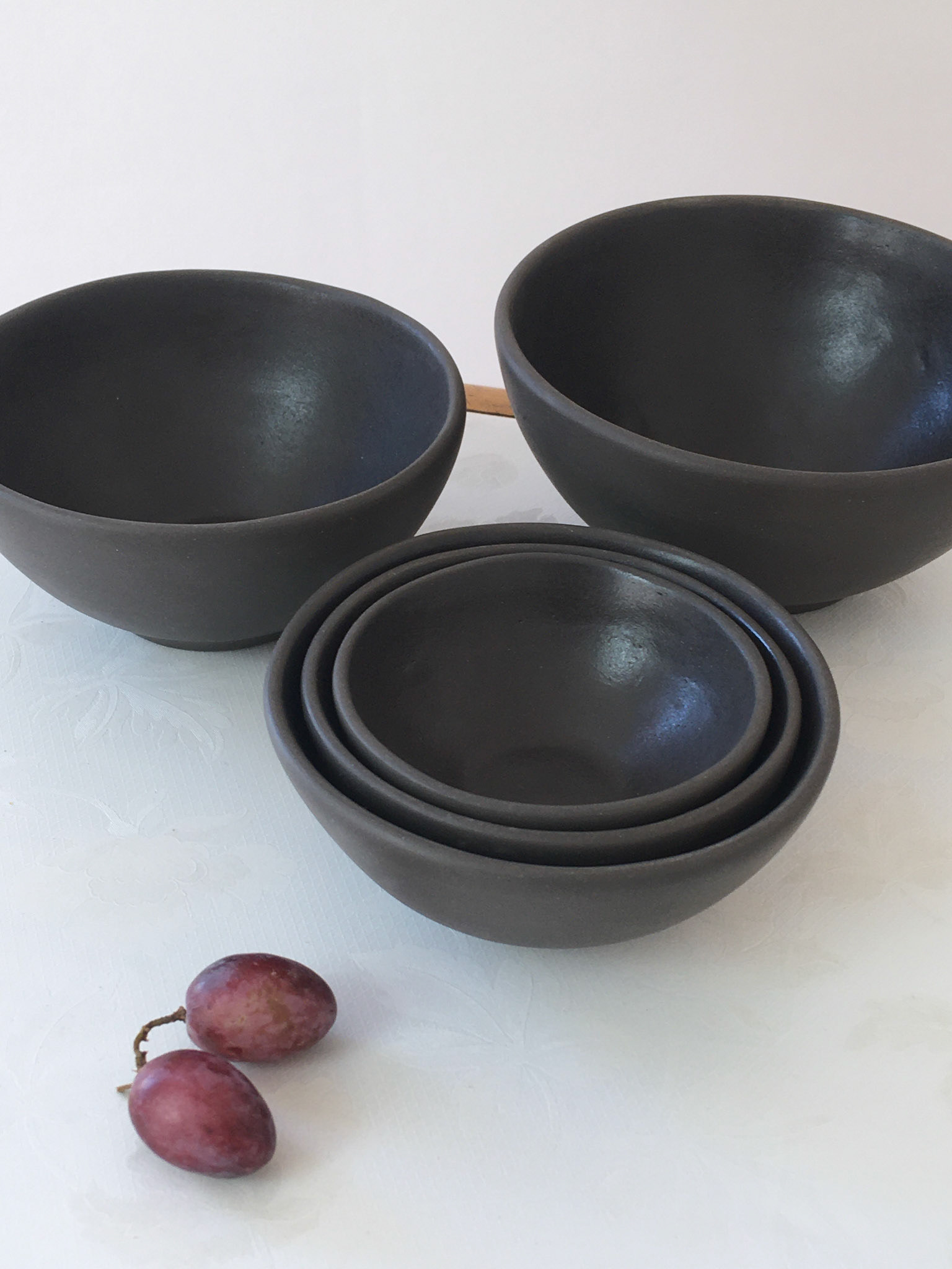 Handmade Oryoki Bowl Set, 3 parts, black, Single Piece out of Earthenware.