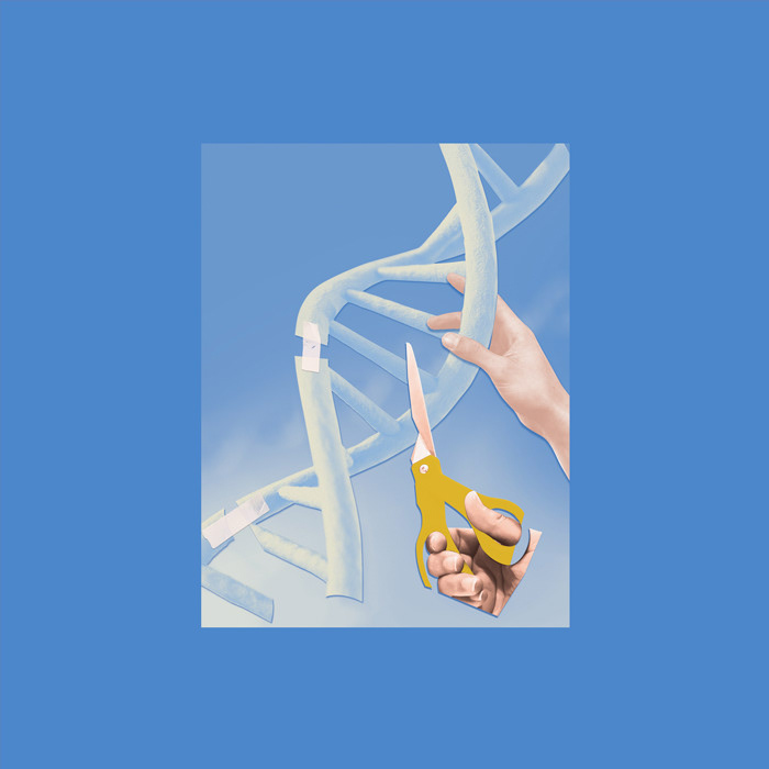 photo collage of hands holding DNA and scissors