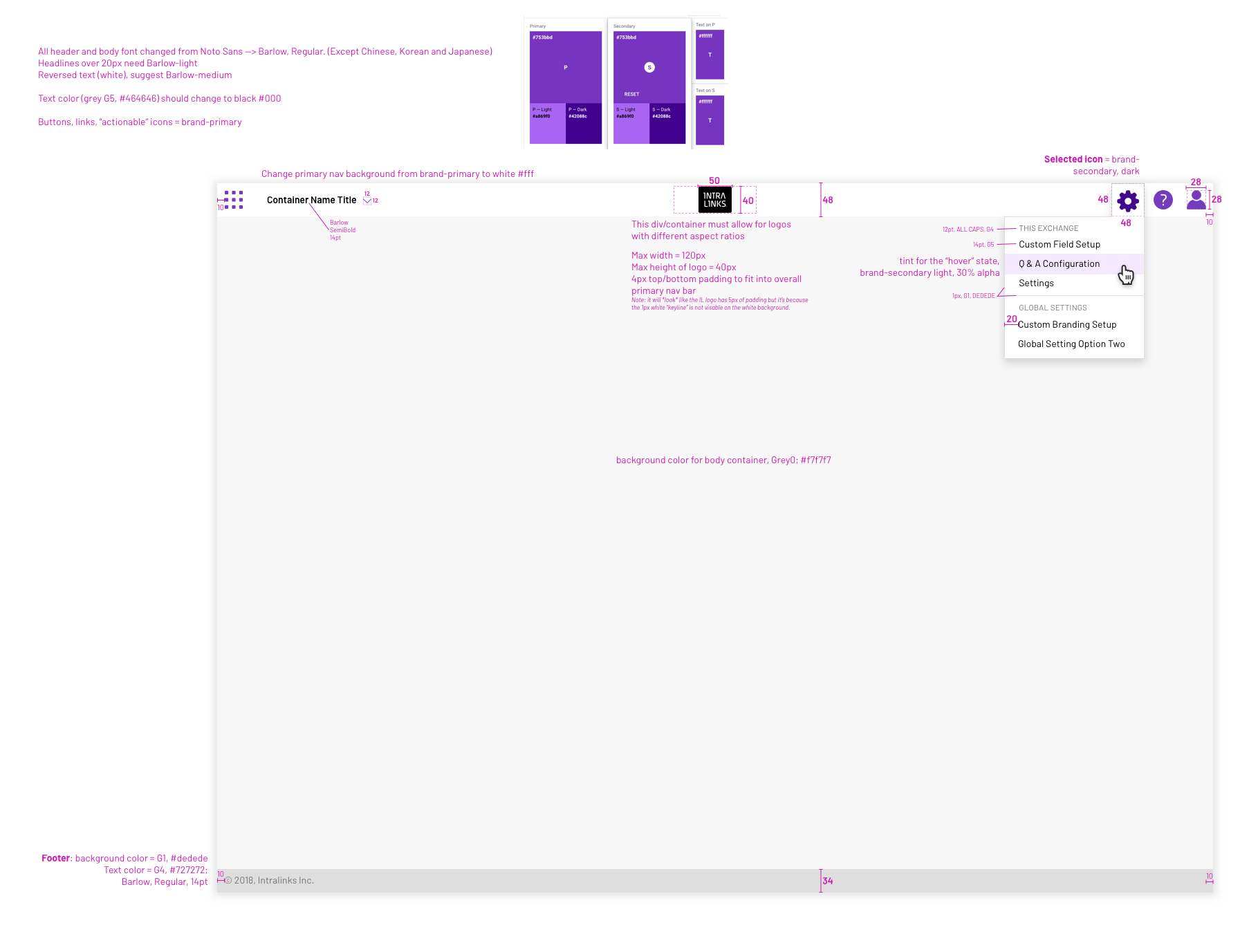 Updating the global header to allow for app switcher, custom theming and global level settings...all things that were not previously accounted for
